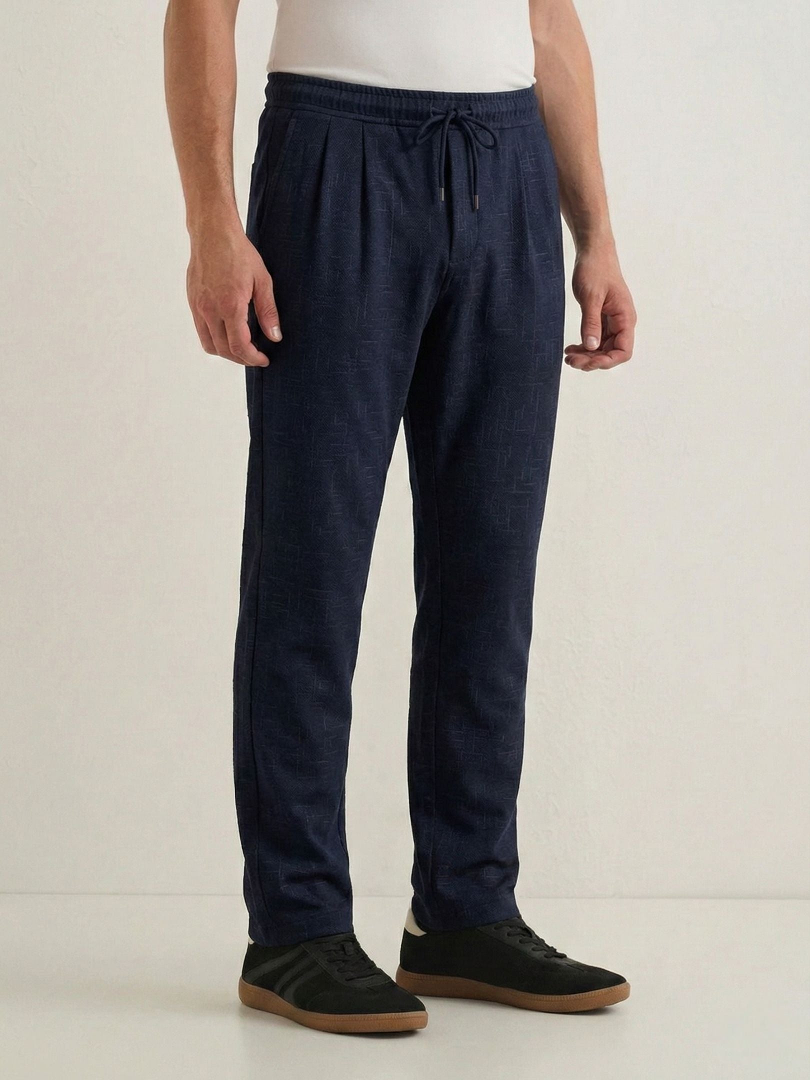 Men's Navy Blue Textured Relaxed Fit Trousers with Elasticated Drawstring Waist