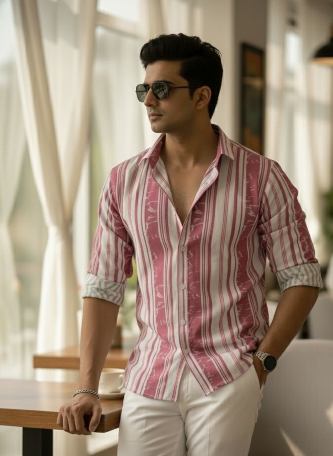 Men's Dusty Rose Textured Multi-Color Striped