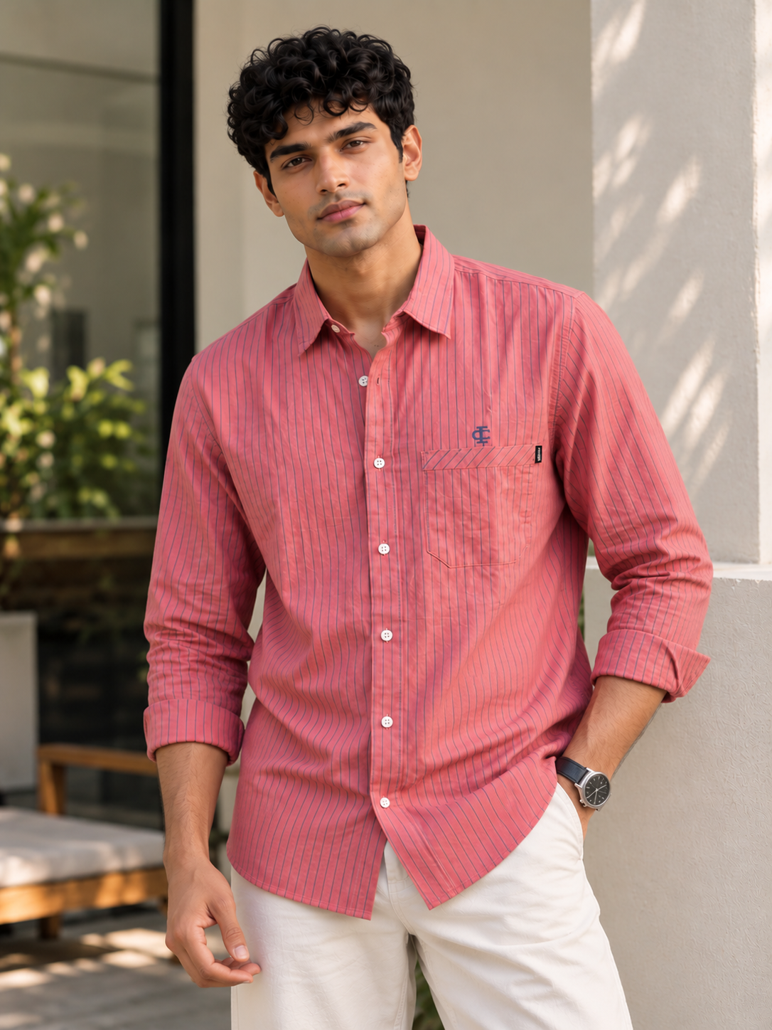 Men’s Striped Casual Shirt – Coral Pink