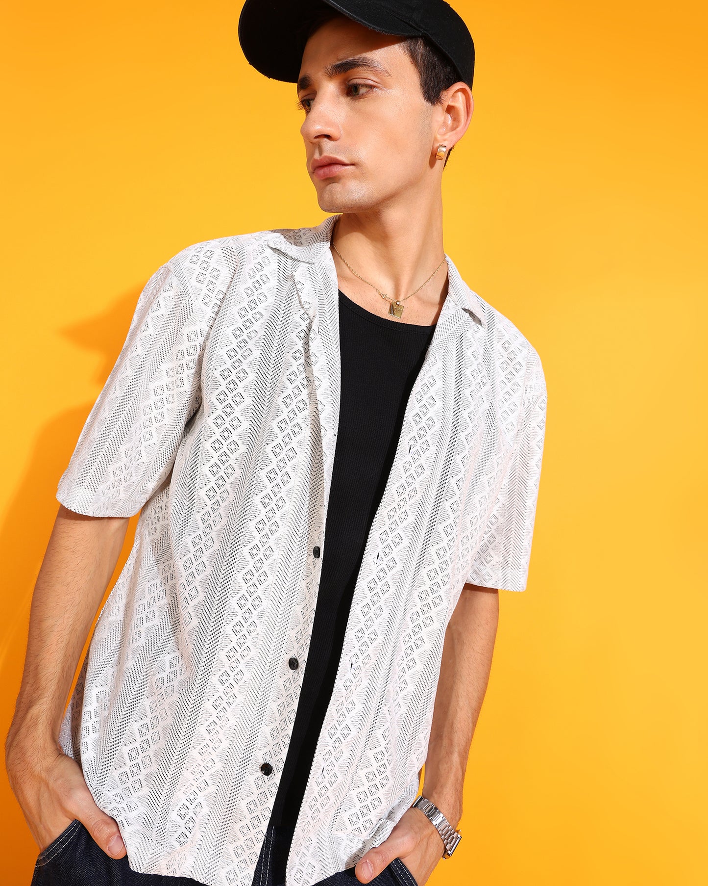 Rhombus Self Pattern White Shirt