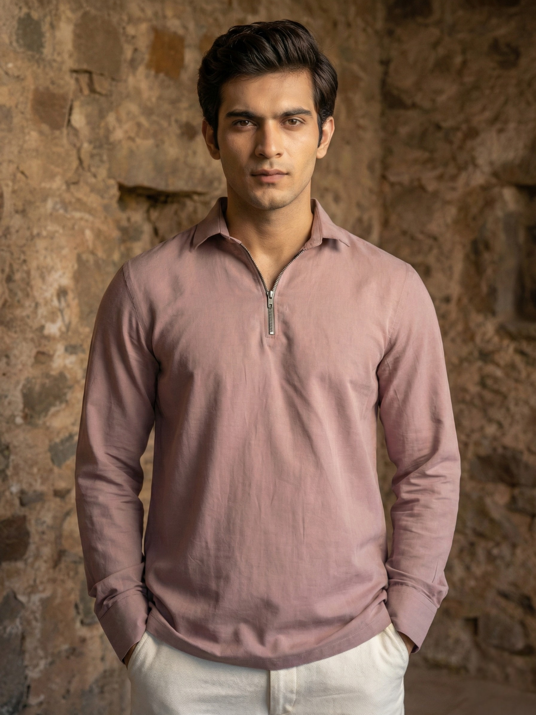 Men’s Dusty Rose Premium Quarter-Zip Long Sleeve Polo Shirt