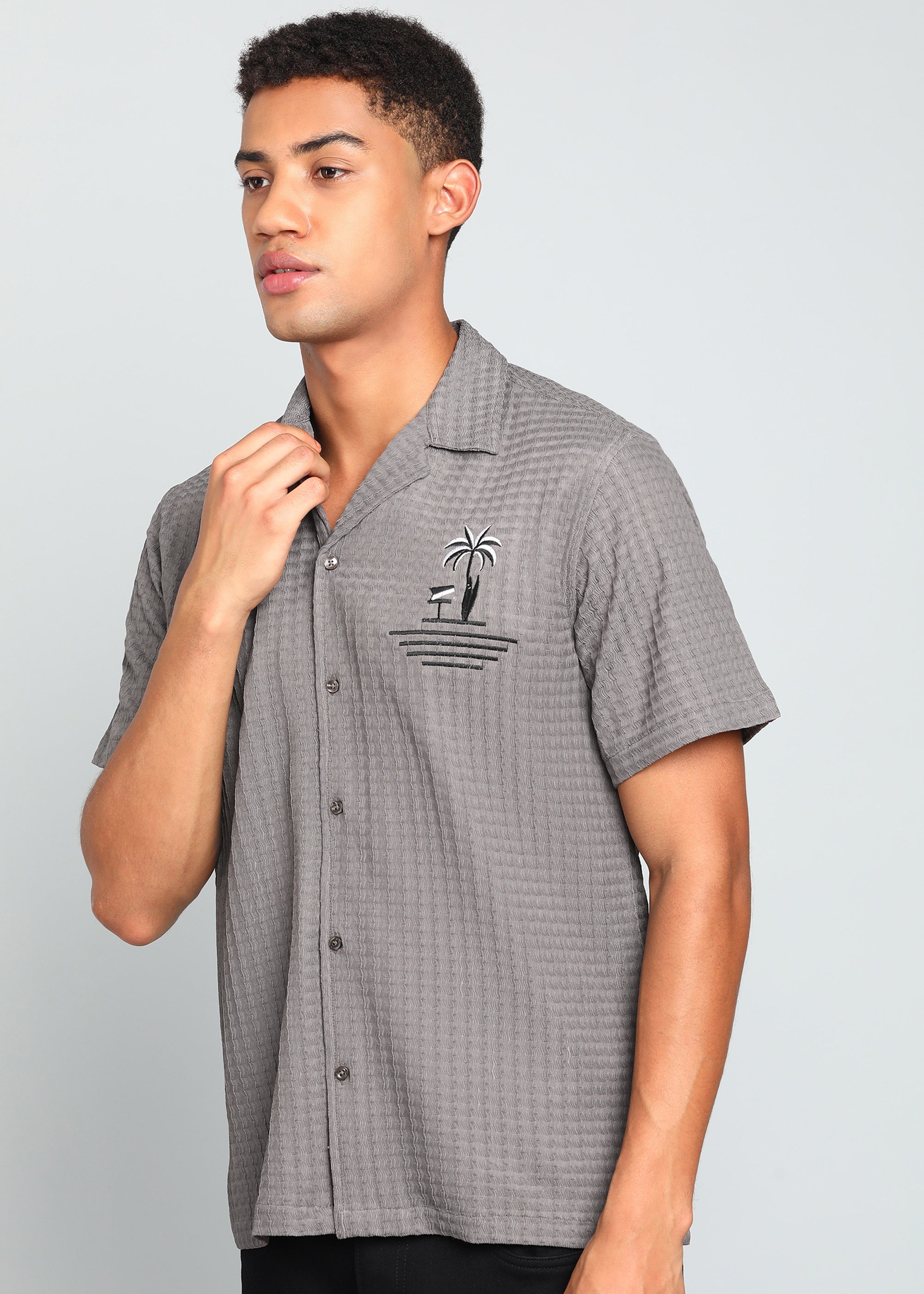 Men’s Grey Textured Seersucker Cuban Collar Shirt with Palm Embroidery
