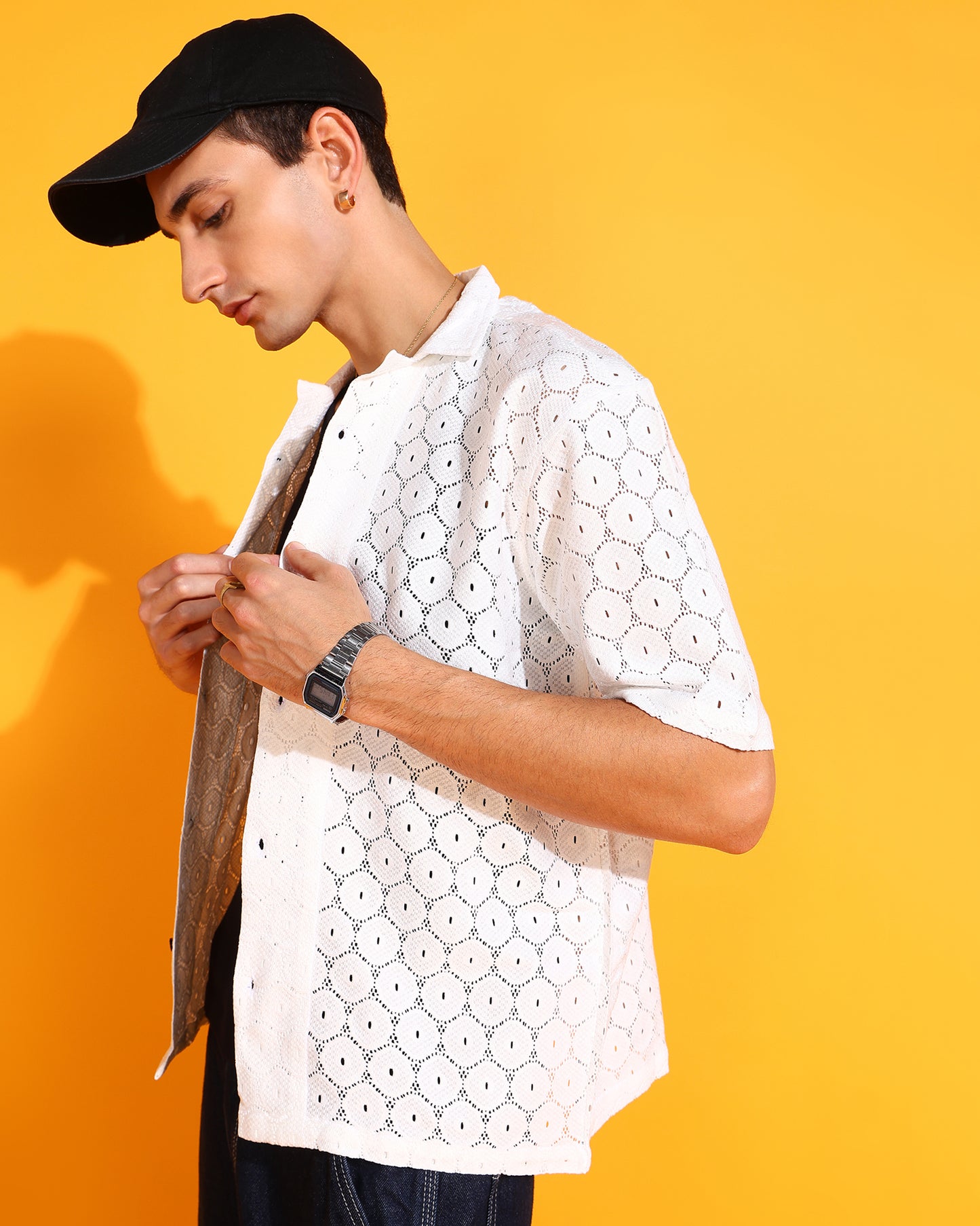 Geomatric White Crochet Pentagon Pattern Shirt