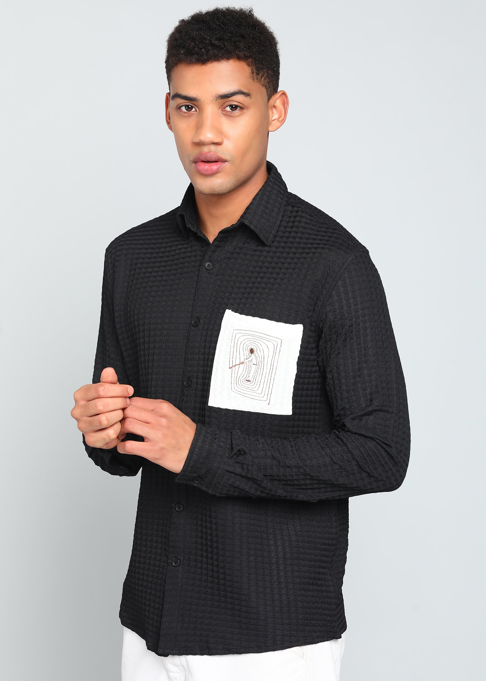 Men’s Black Textured Polyester Long Sleeve Shirt with Contrast Graphic Patch