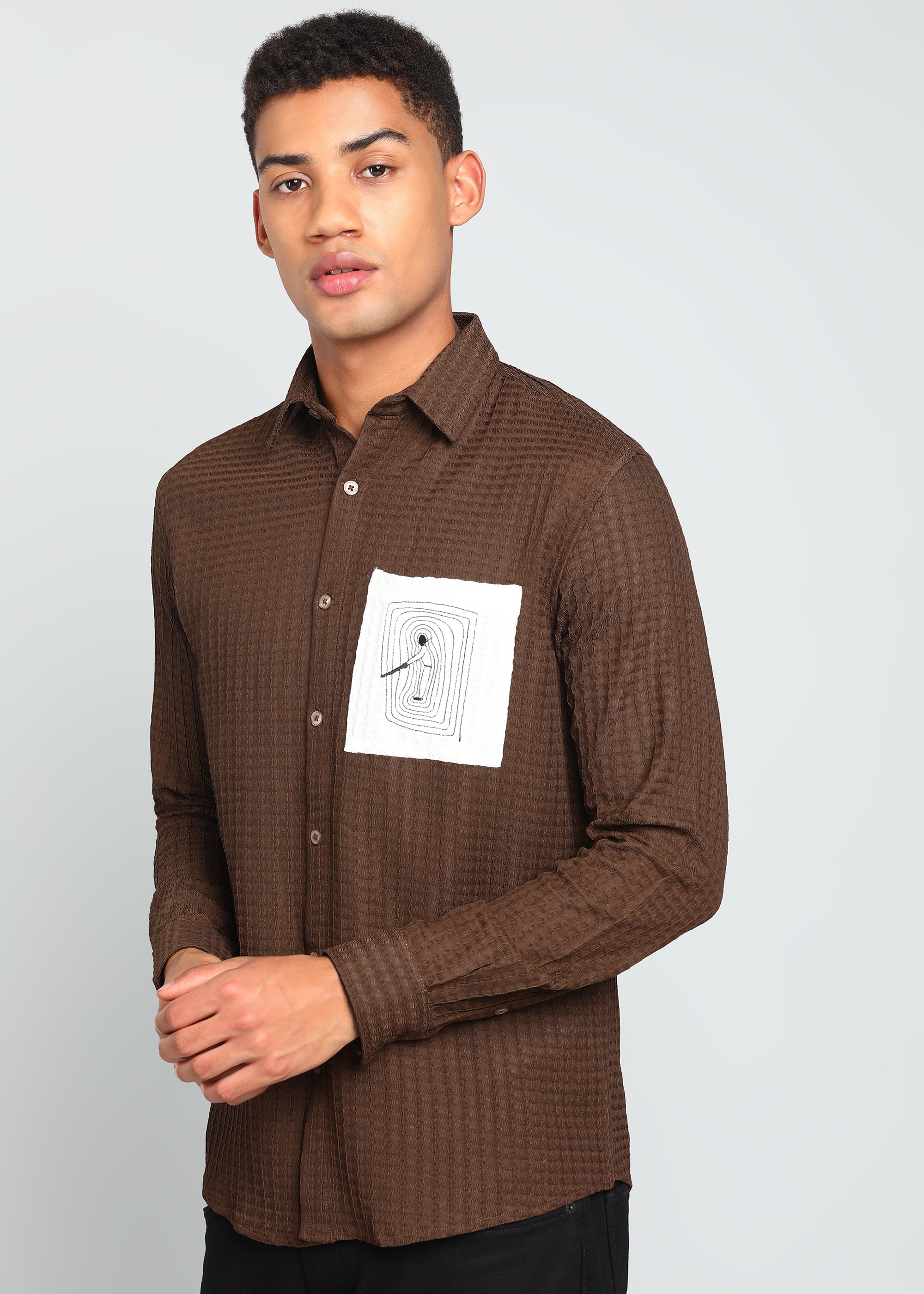 Men’s Brown Textured Polyester Long Sleeve Shirt with Contrast Graphic Patch