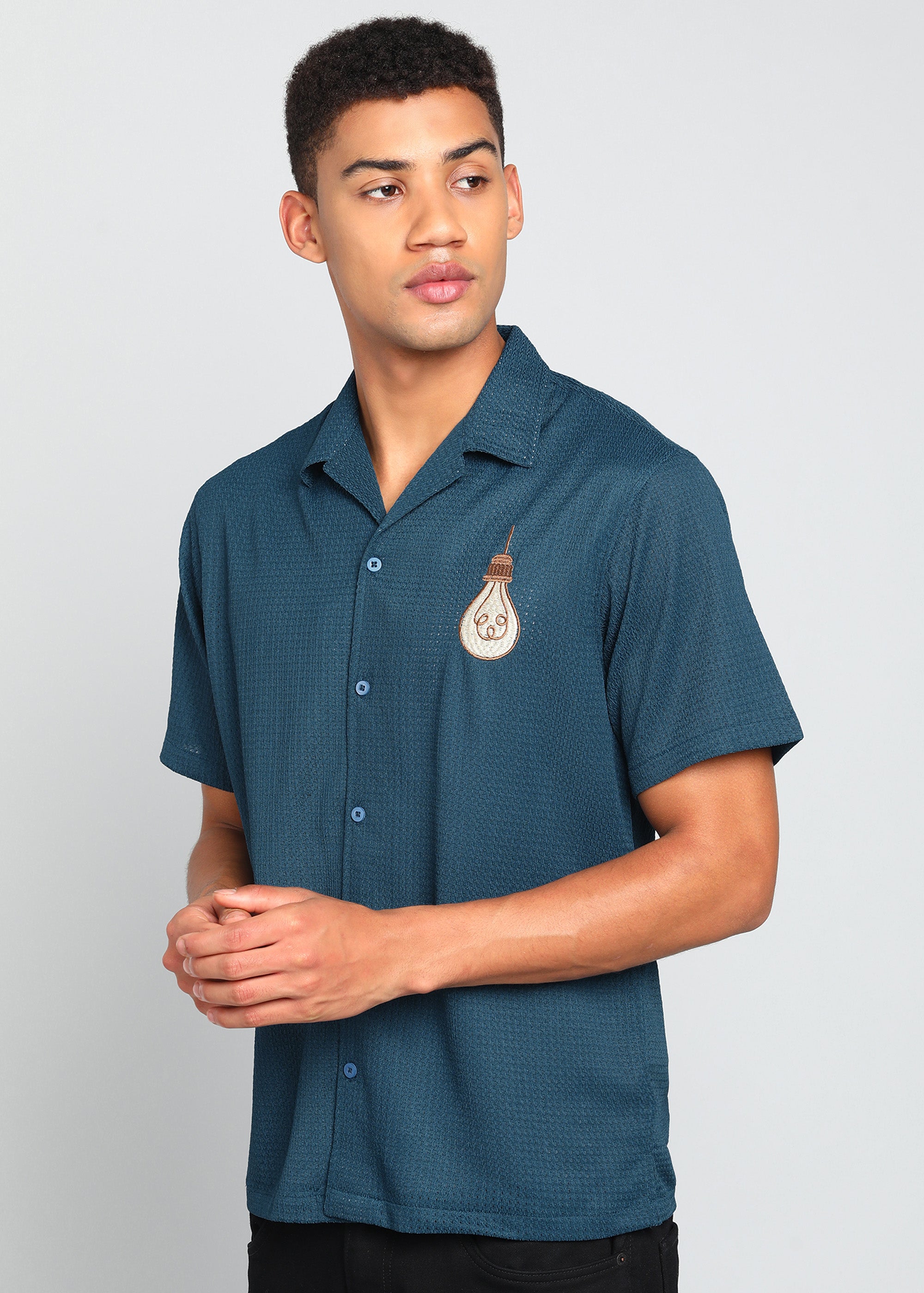 Men’s Deep Teal Textured Resort Embroidery Shirt