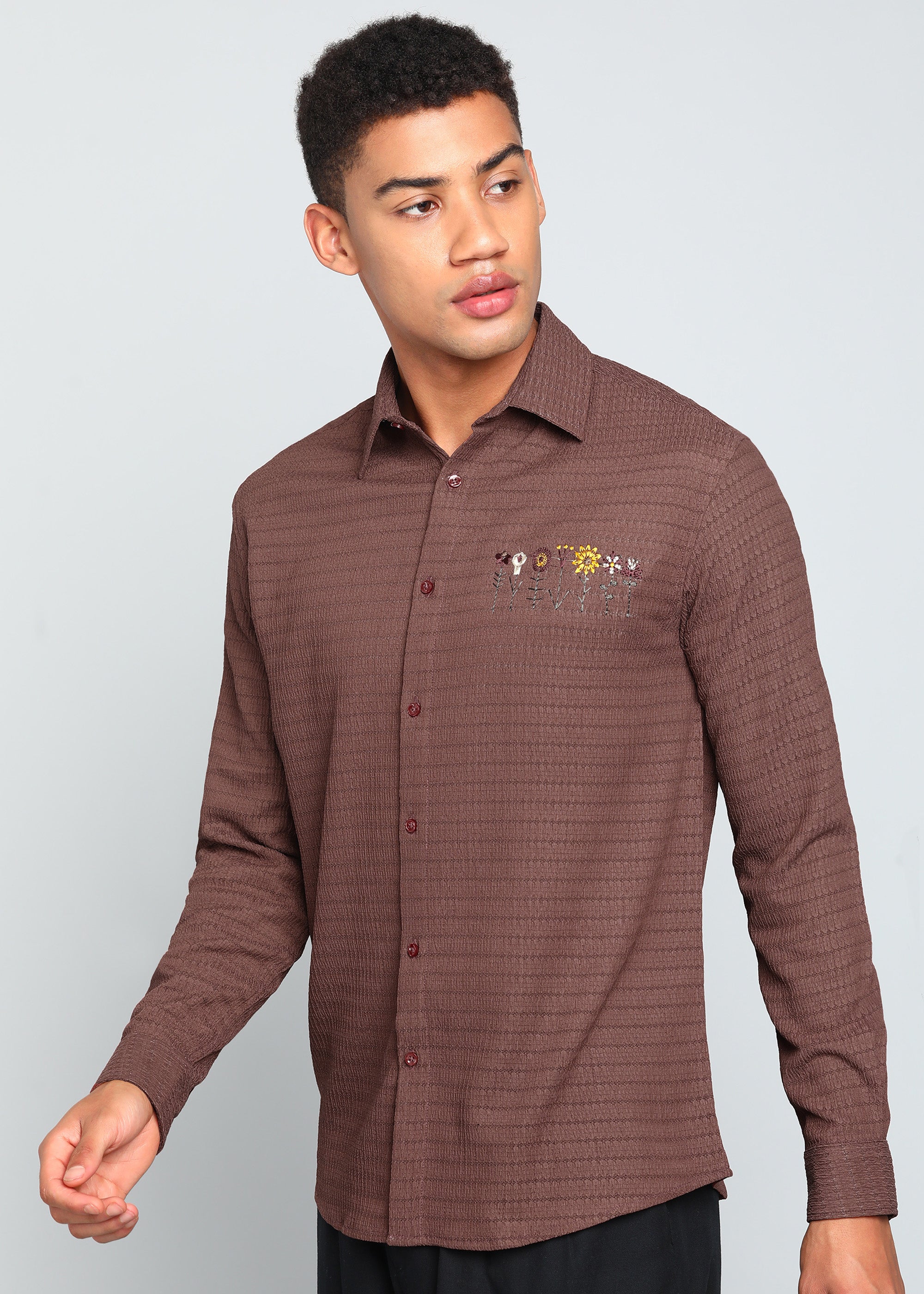 Men’s Brown Textured Polyester Long-Sleeve Shirt with Floral Embroidery