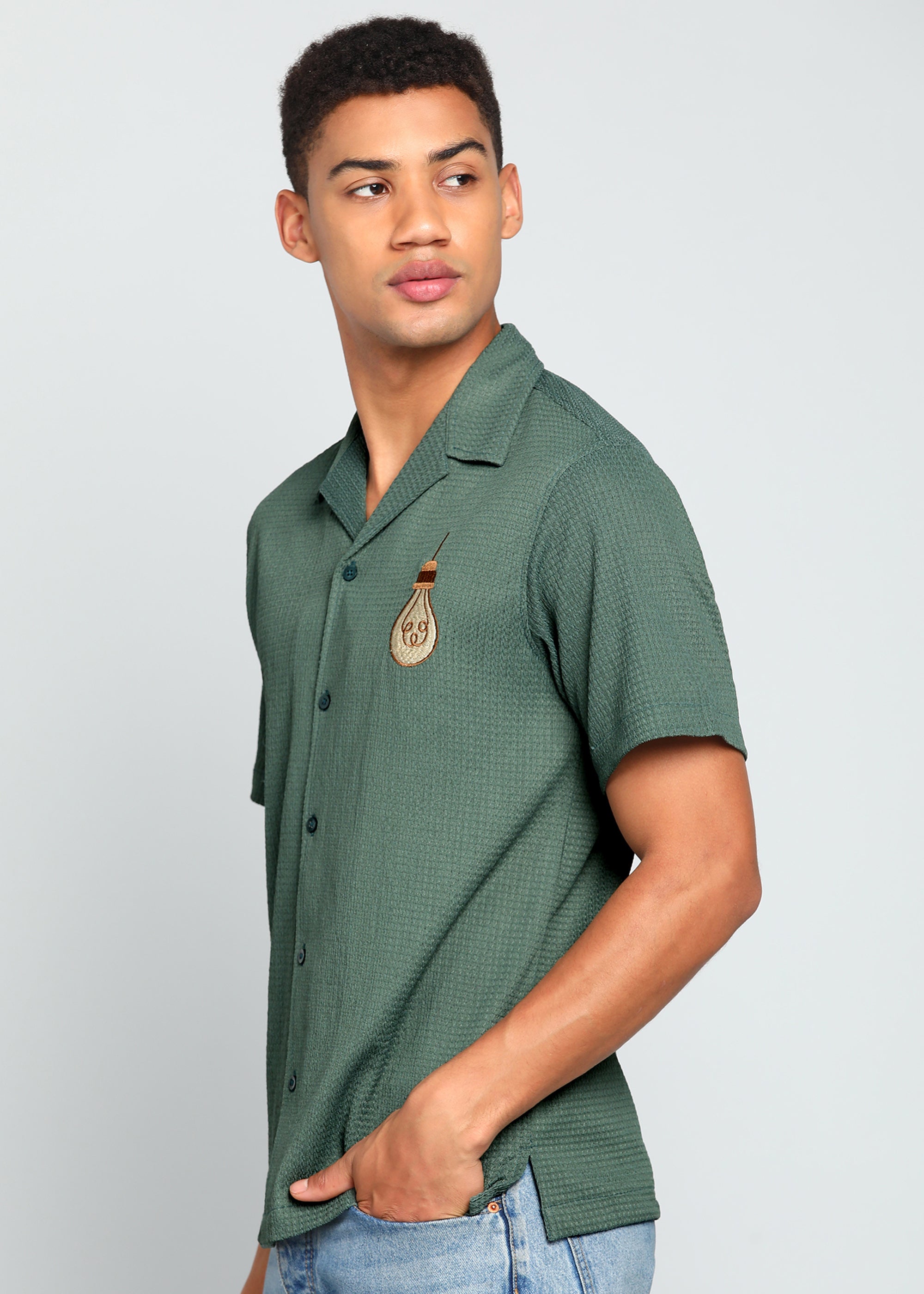 Men’s Sage Green Textured Resort Embroidery Shirt