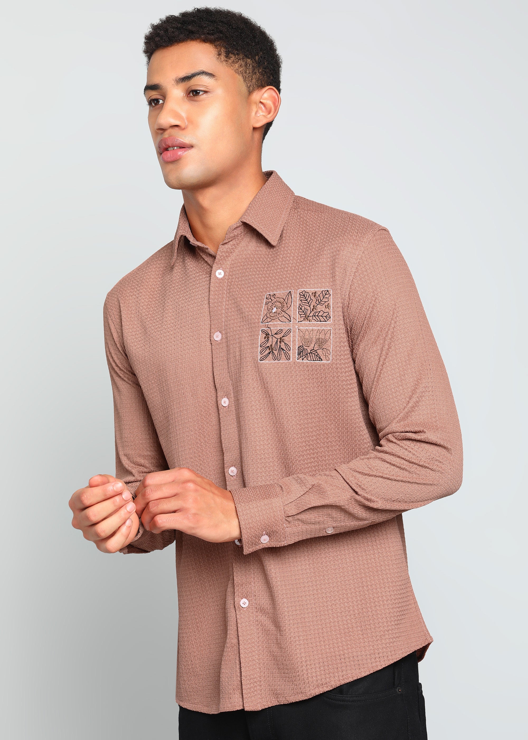 Men’s Dusty Rose Textured Regular Fit Shirt with Floral Chest Embroidery