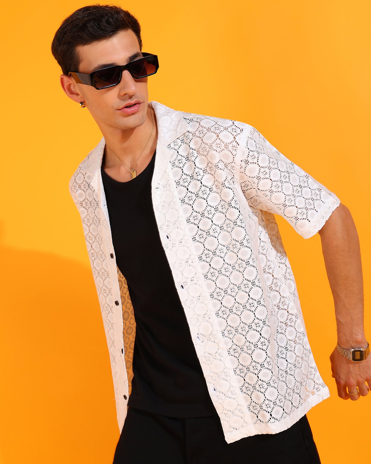 White Crochet Hexagon Pattern Shirt