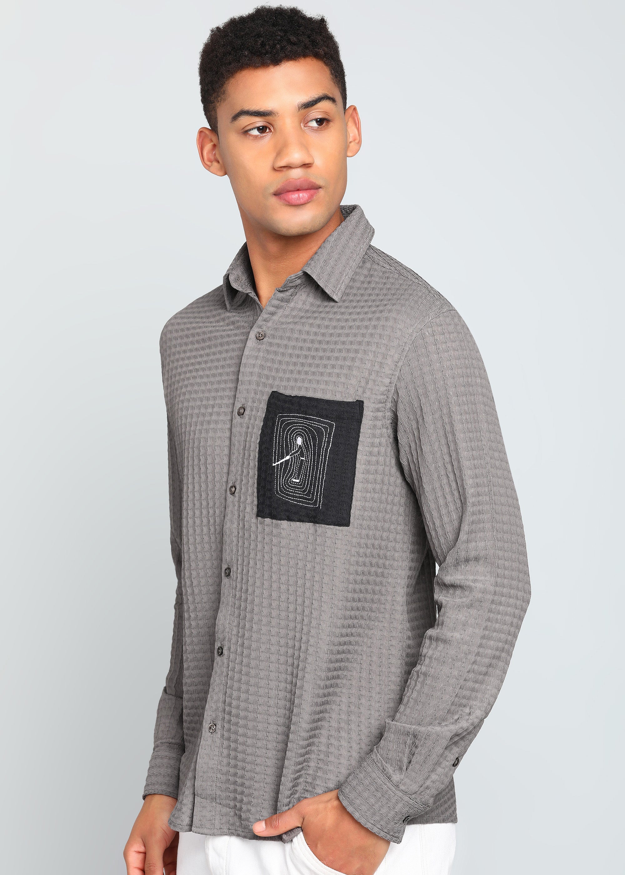 Men’s Grey Textured Polyester Long Sleeve Shirt with Contrast Graphic Patch