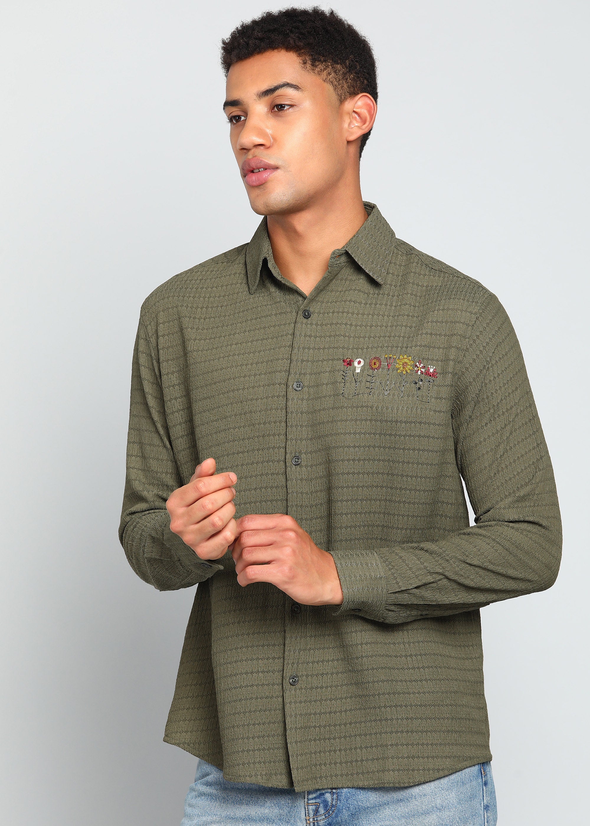 Men’s Olive Green Textured Long-Sleeve Shirt with Embroidered Floral