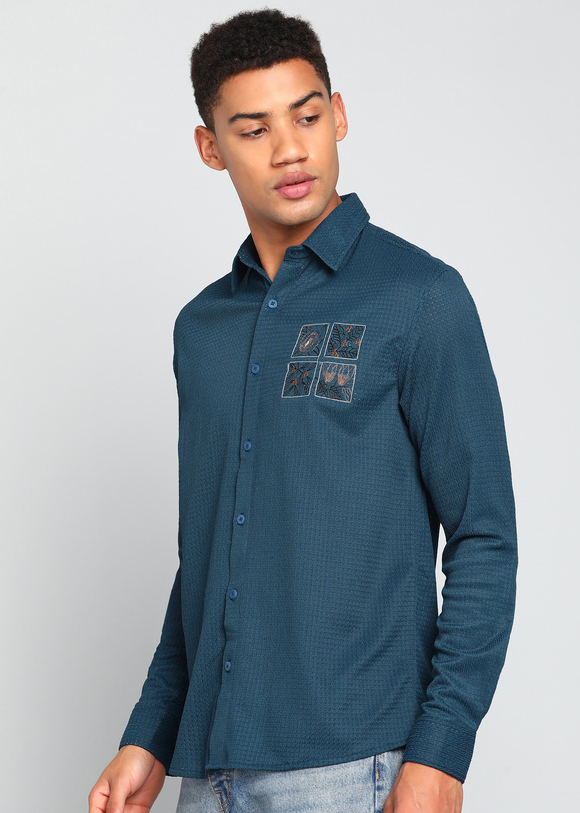 Men’s Teal Blue Textured Regular Fit Shirt with Floral Chest Embroidery