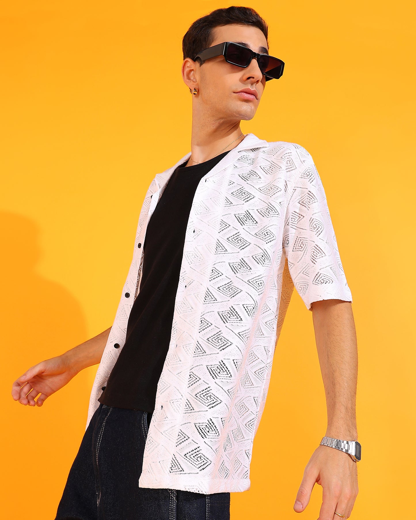 Geomatric White Crochet Square Pattern Shirt