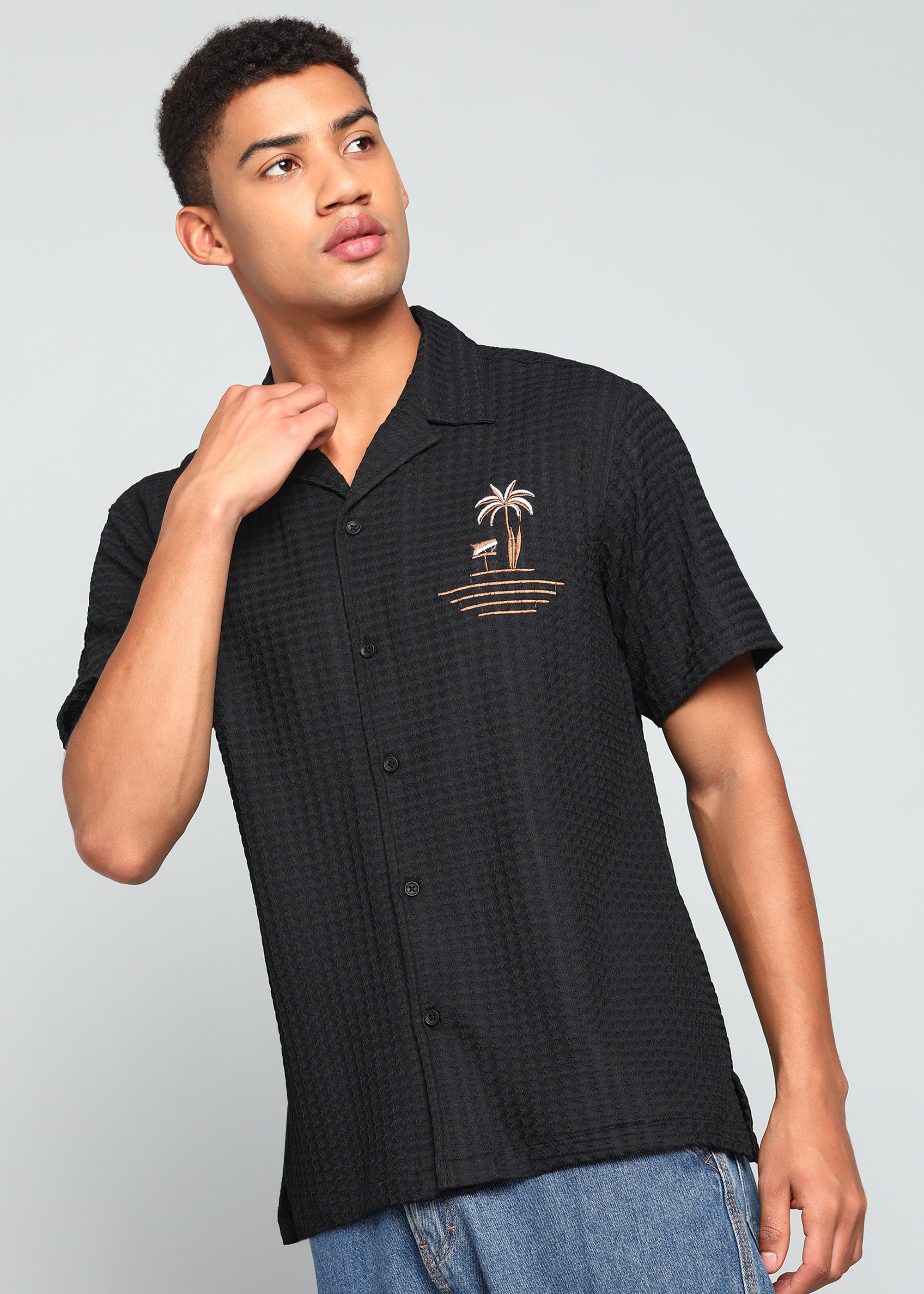 Men’s Black Textured Seersucker Cuban Collar Shirt with Palm Embroidery