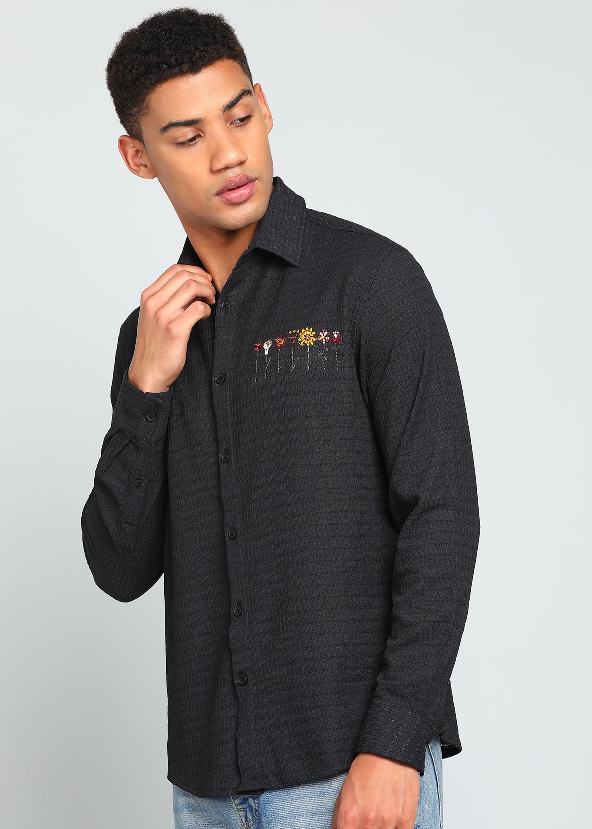 Men’s Black Textured Polyester Long-Sleeve Shirt with Floral Chest Embroidery