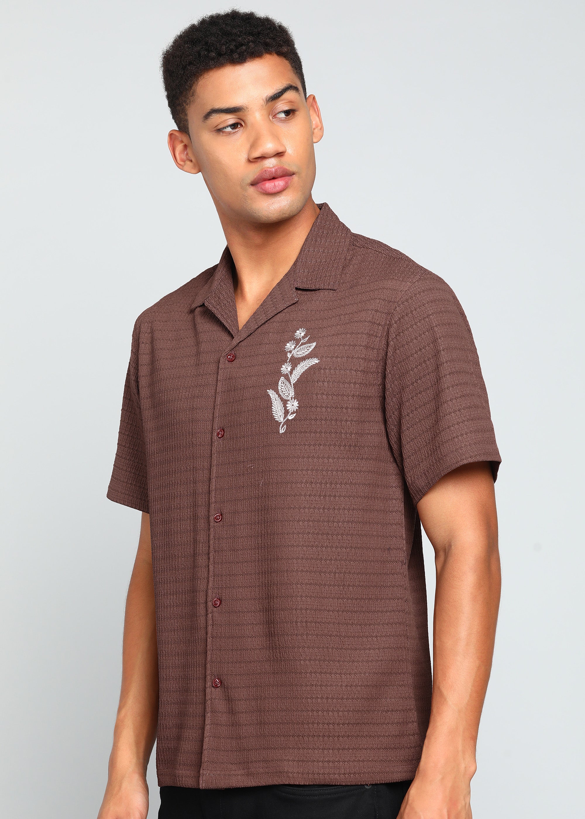 Men’s Maroon Textured Short-Sleeve Cuban Shirt with Floral Embroidery