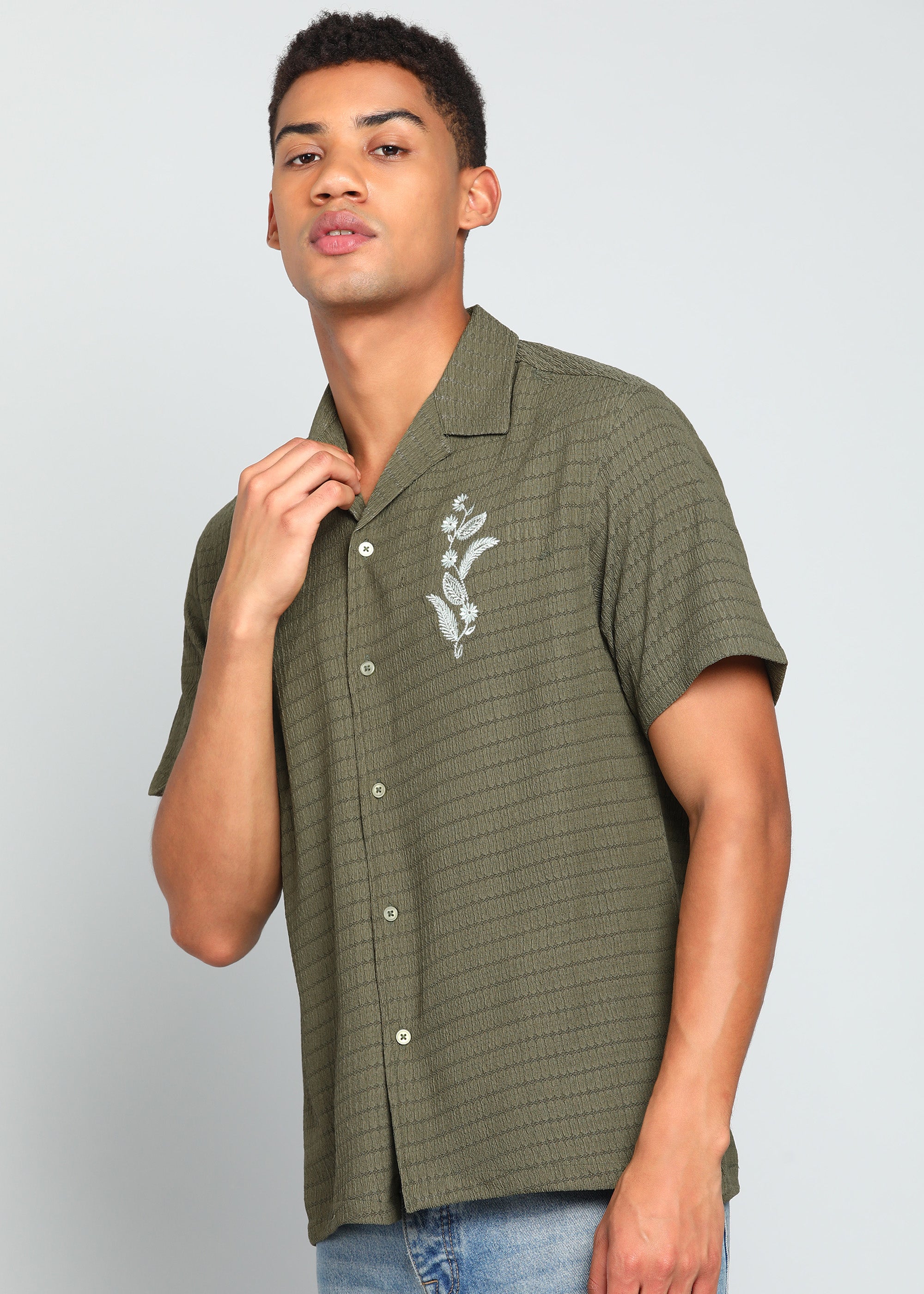 Men’s Olive Green Textured Short-Sleeve Cuban Shirt with Floral Embroidery