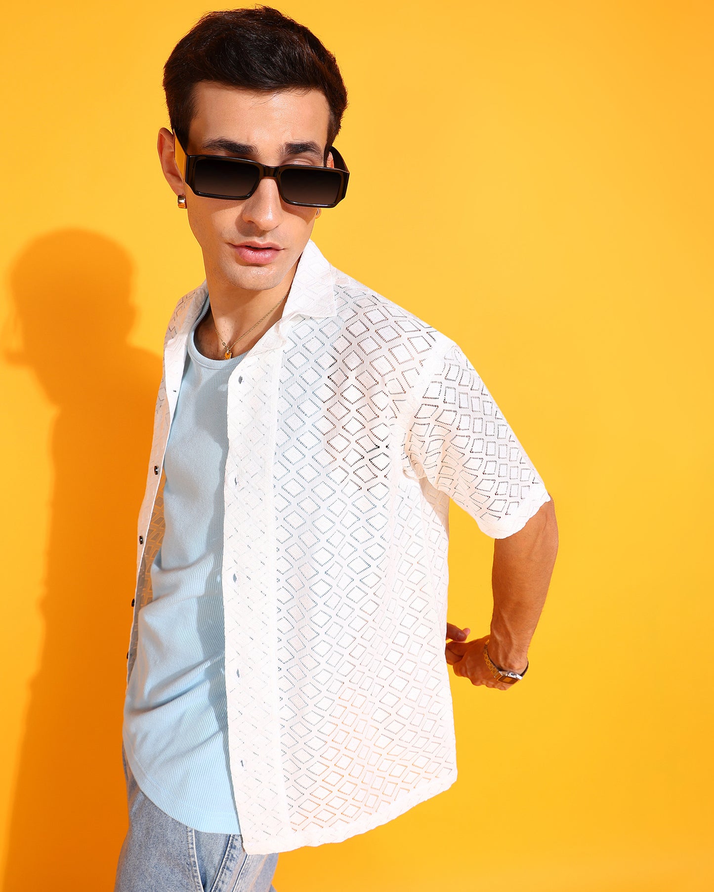 White Crochet Rhombus Pattern Shirt