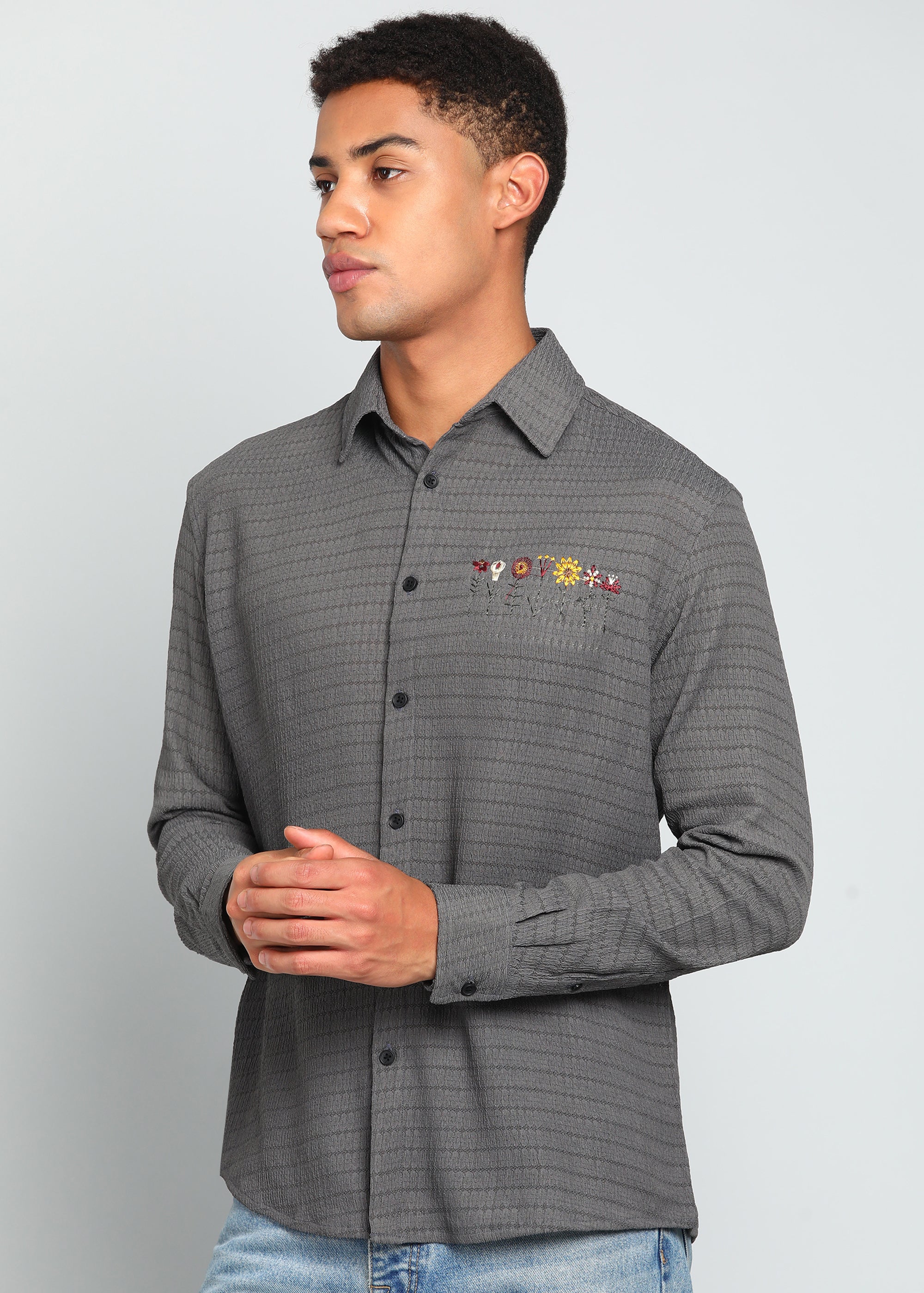 Men’s Grey Textured Polyester Long-Sleeve Shirt with Multi-Color Flower Embroidery