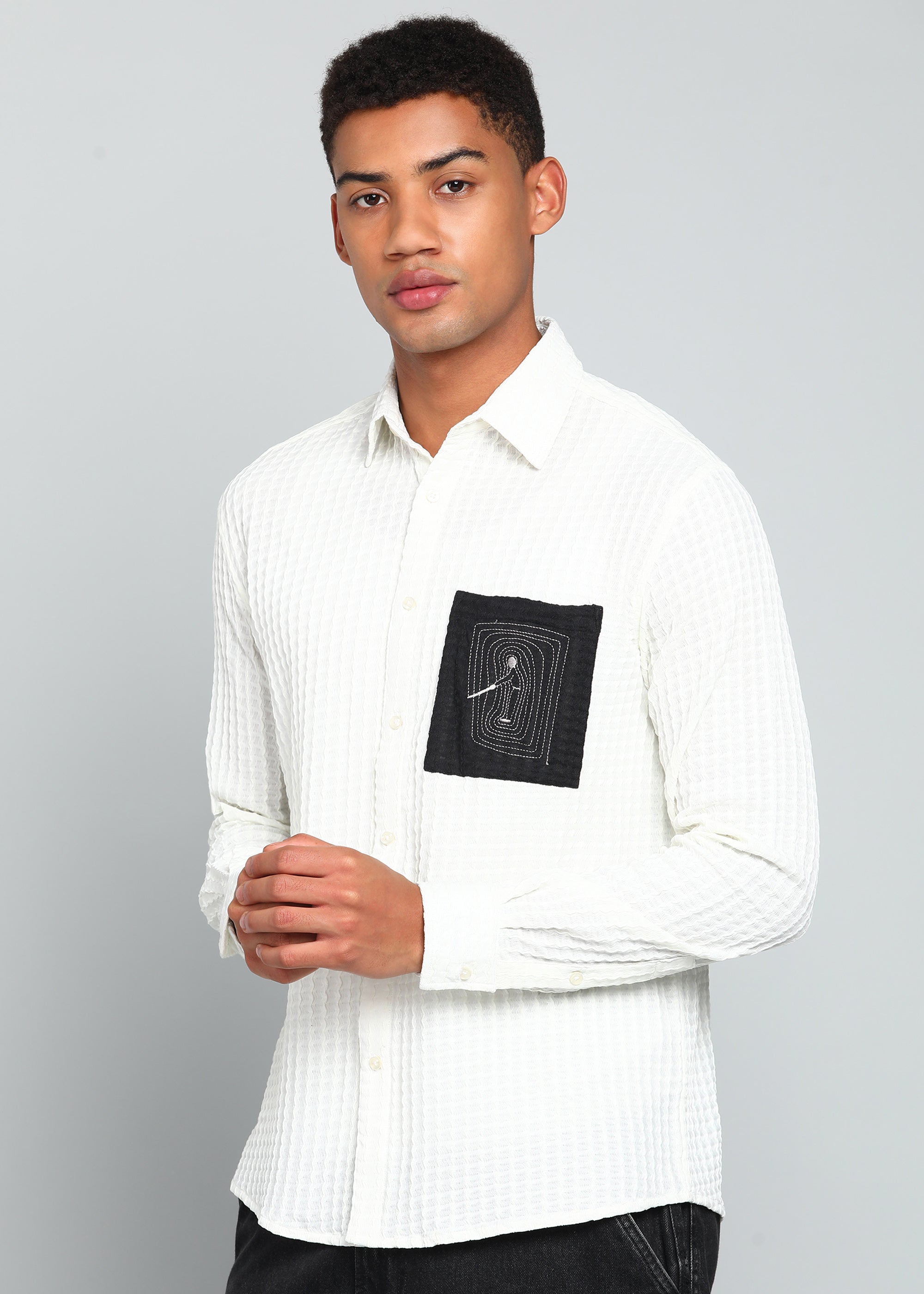 Men’s White Textured Polyester Long Sleeve Shirt with Contrast Graphic Patch