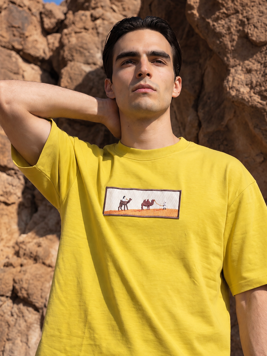 Men's Premium Oversized T-Shirt with Desert Camel Graphic Patch - Yellow