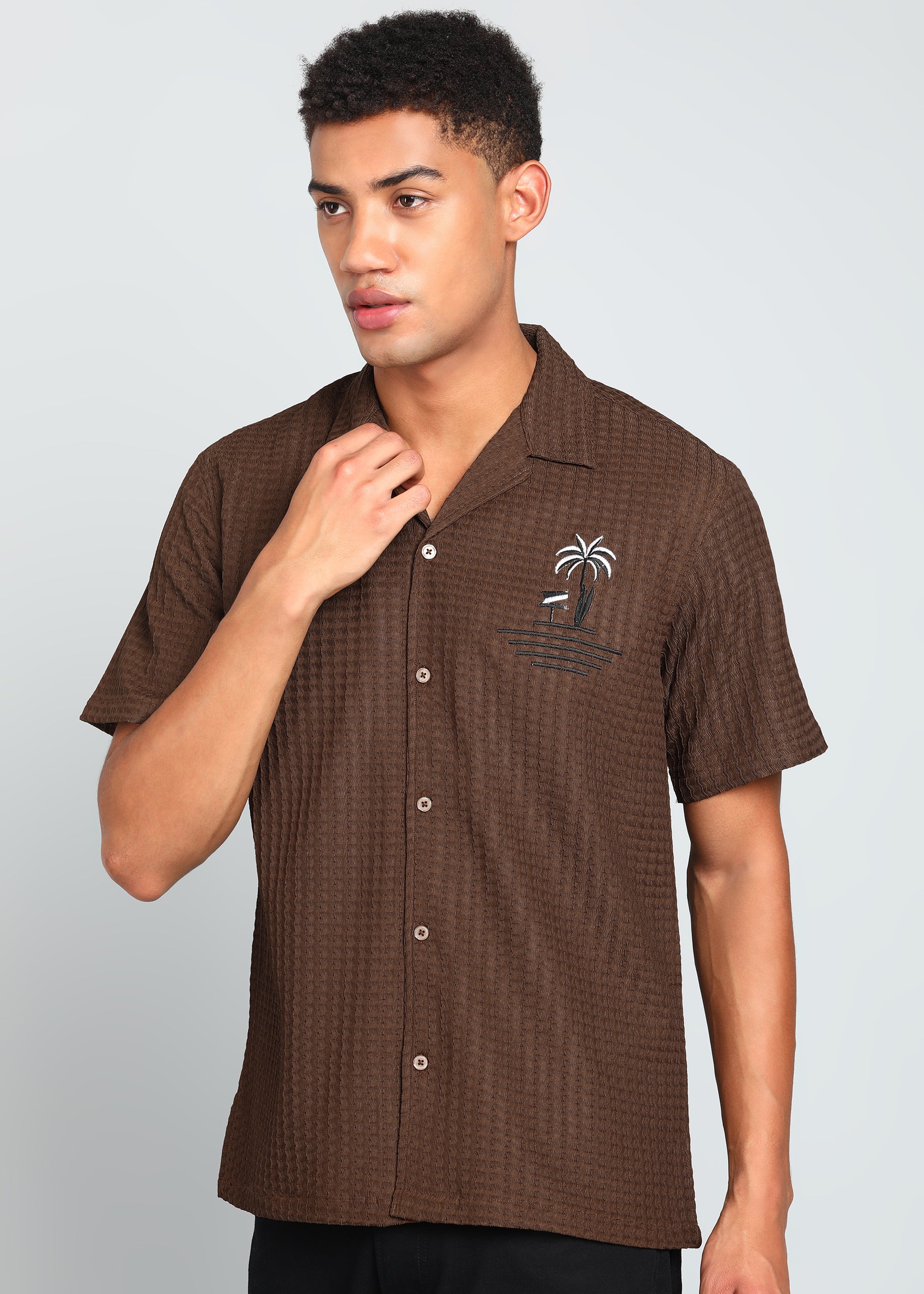 Men’s Brown Textured Seersucker Cuban Collar Shirt with Palm Embroidery