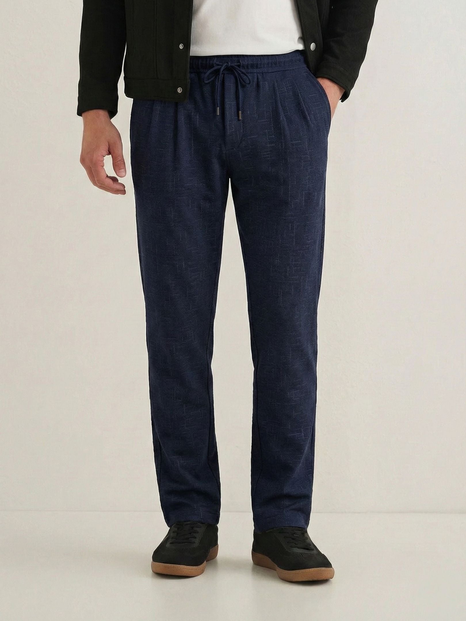 Men's Navy Blue Textured Relaxed Fit Trousers with Elasticated Drawstring Waist