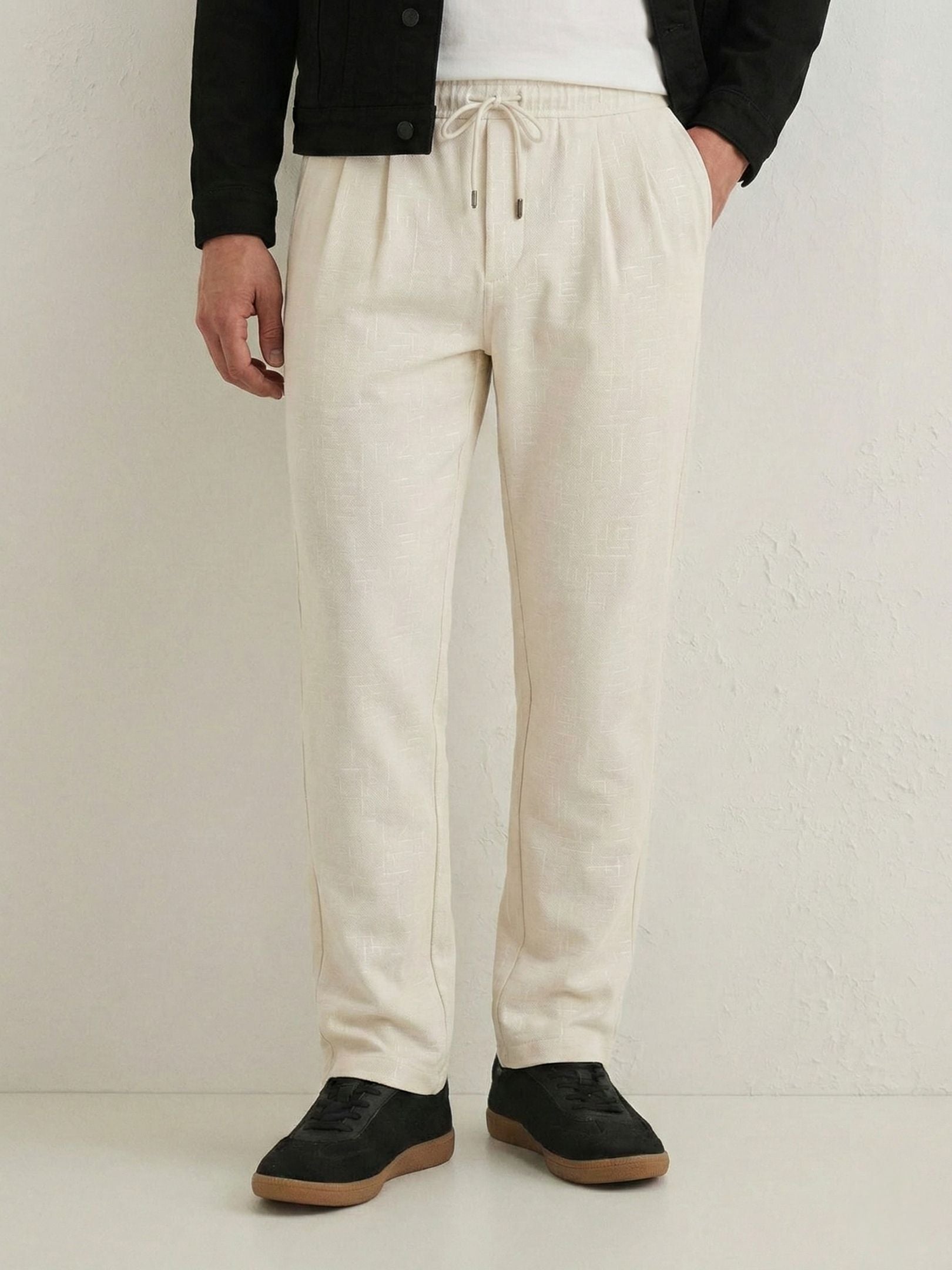 Men's Cream Textured Relaxed Fit Trousers with Elasticated Drawstring Waist