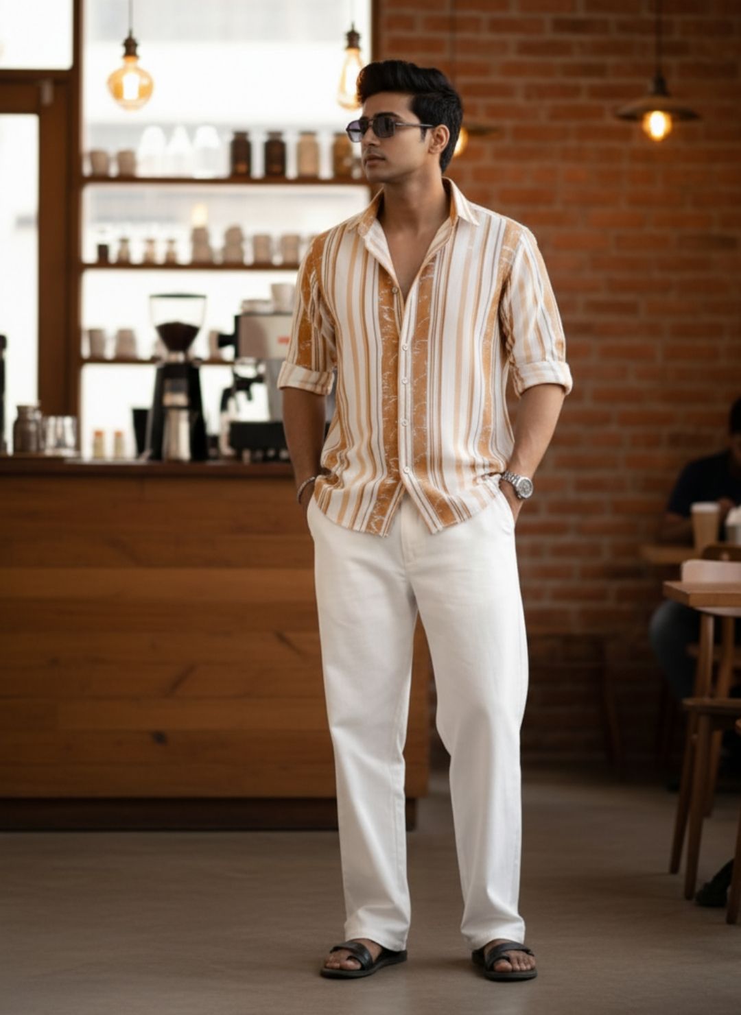 Men's Orange Textured Multi-Color Striped