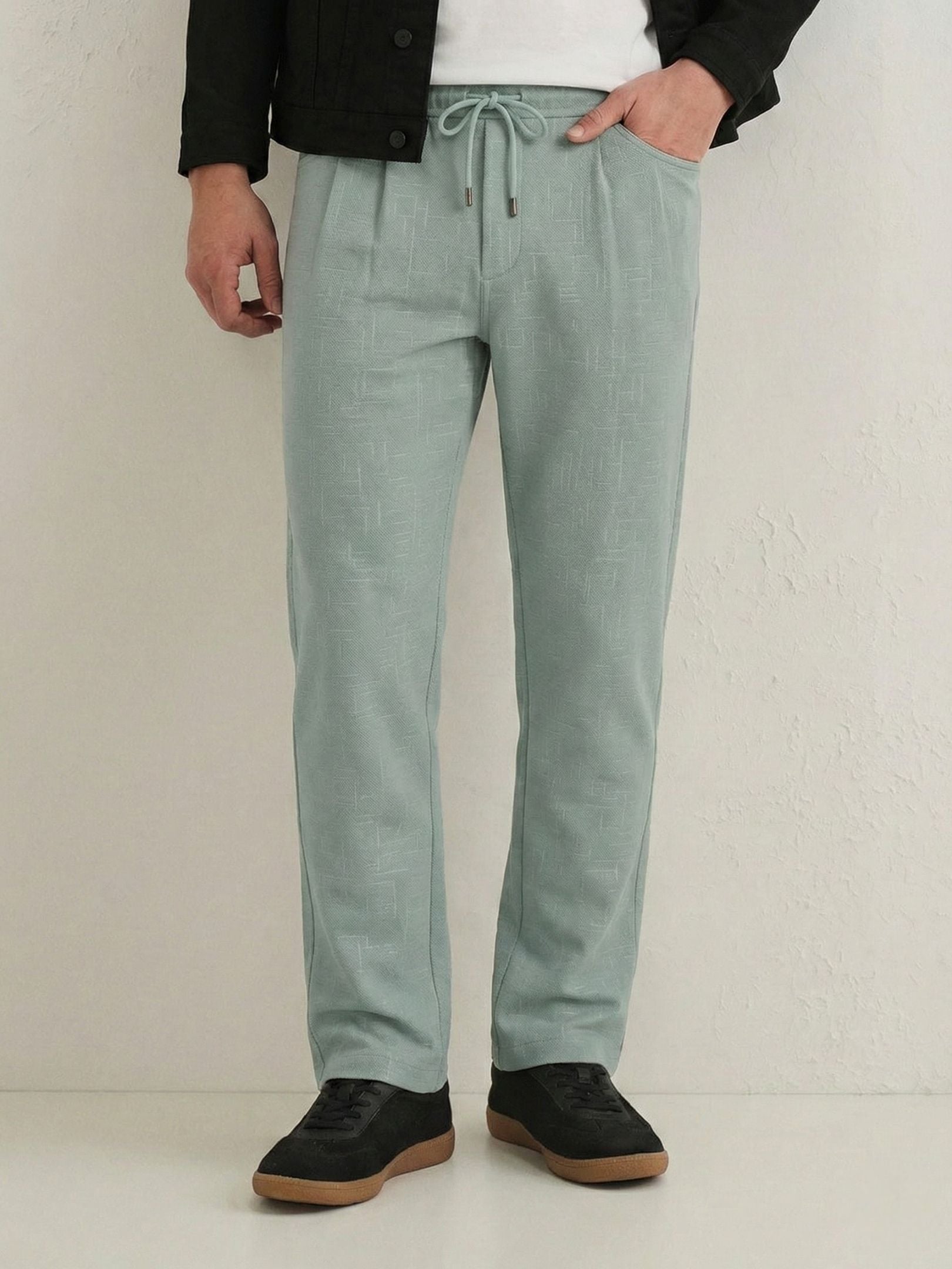 Men's Sage Green Textured Relaxed Fit Trousers with Elasticated Drawstring Waist