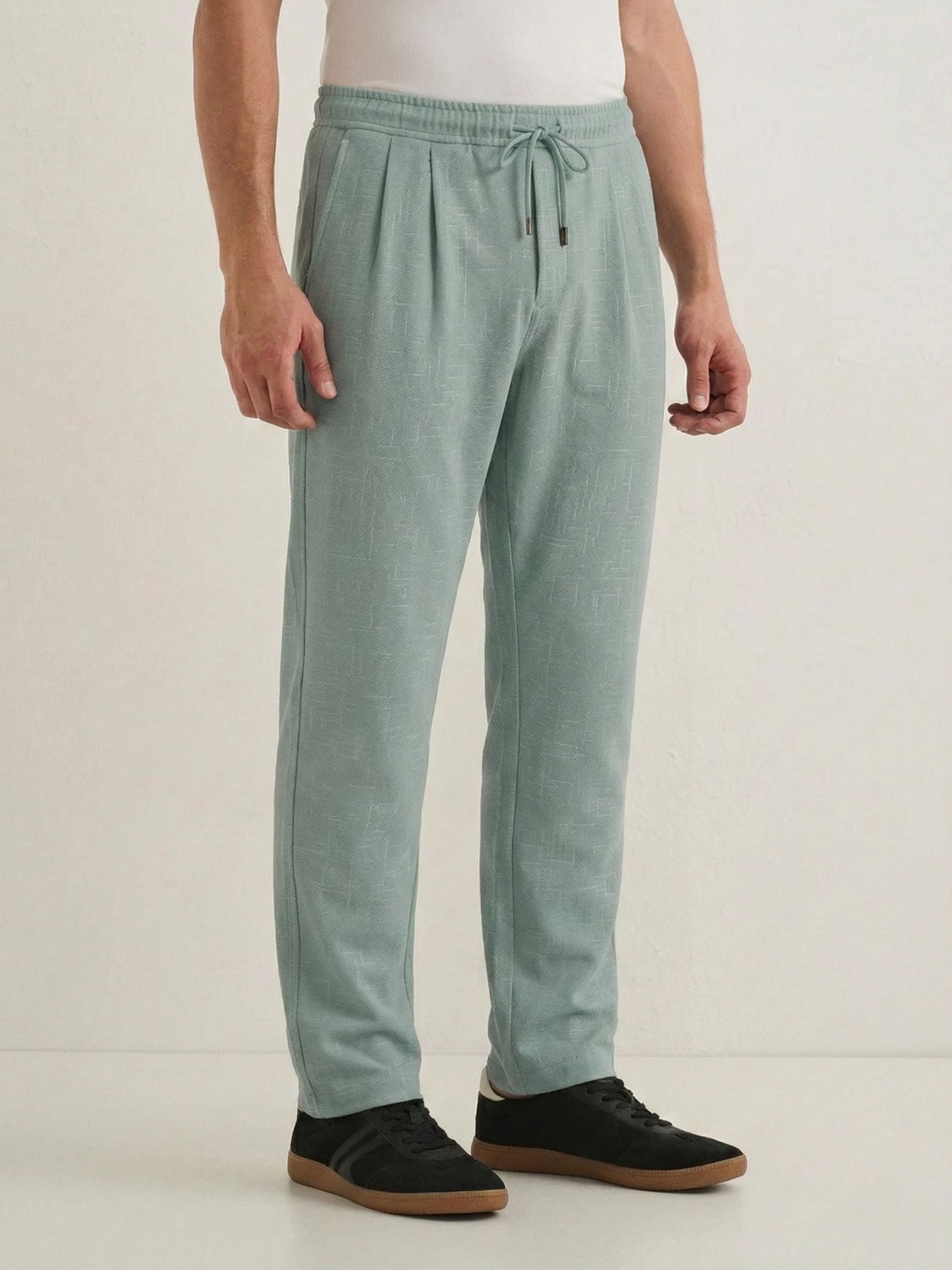 Men's Sage Green Textured Relaxed Fit Trousers with Elasticated Drawstring Waist