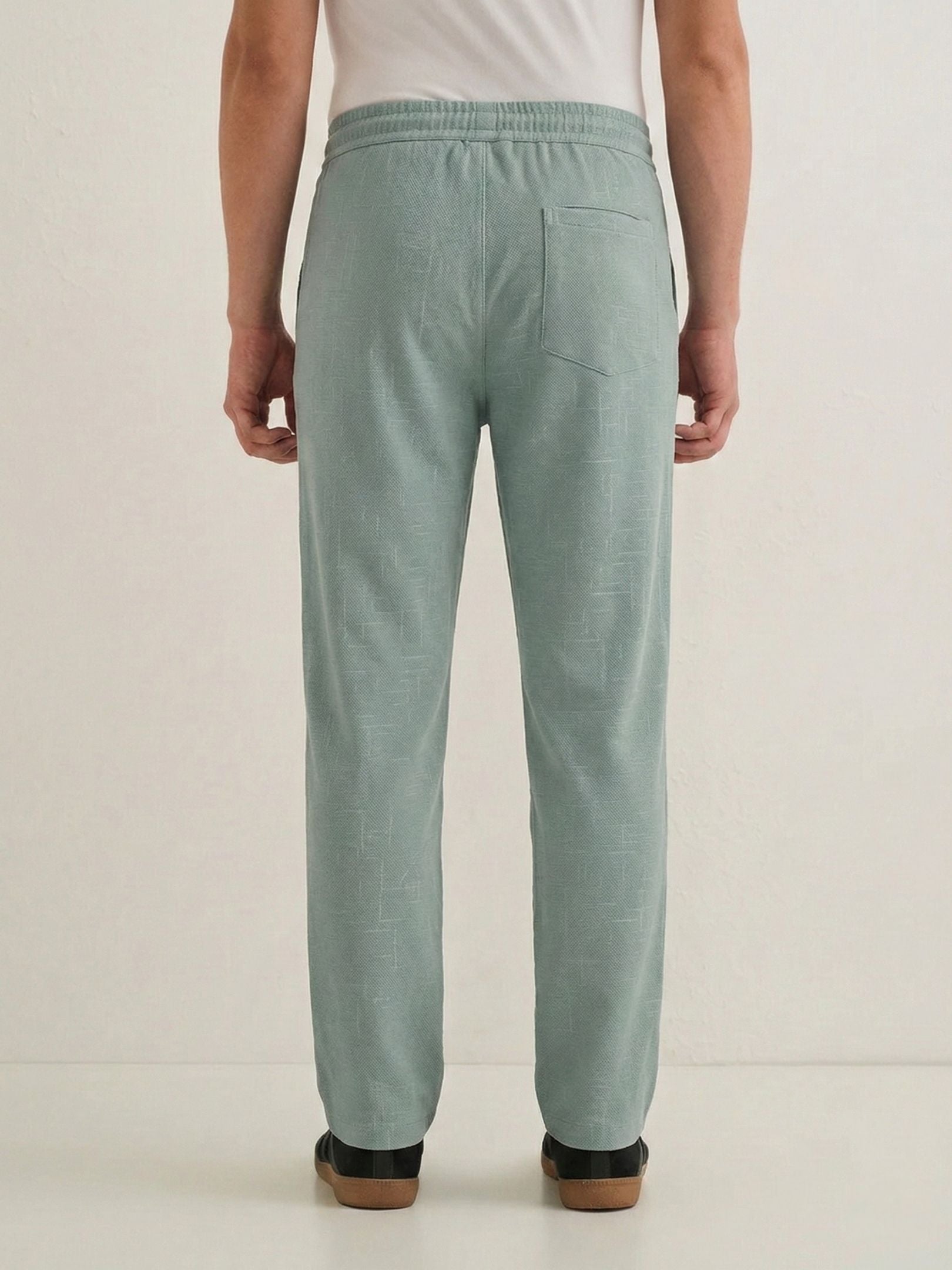 Men's Sage Green Textured Relaxed Fit Trousers with Elasticated Drawstring Waist