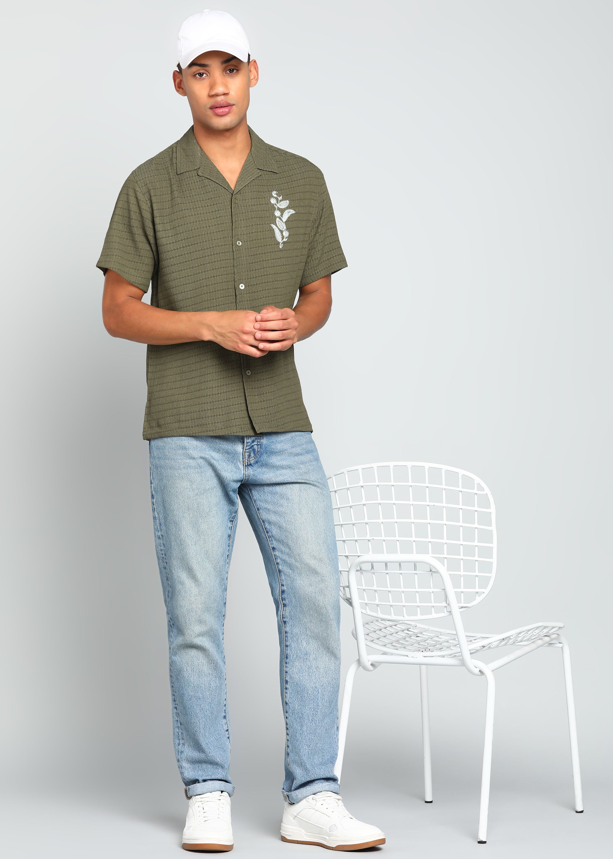 Men’s Olive Green Textured Short-Sleeve Cuban Shirt with Floral Embroidery