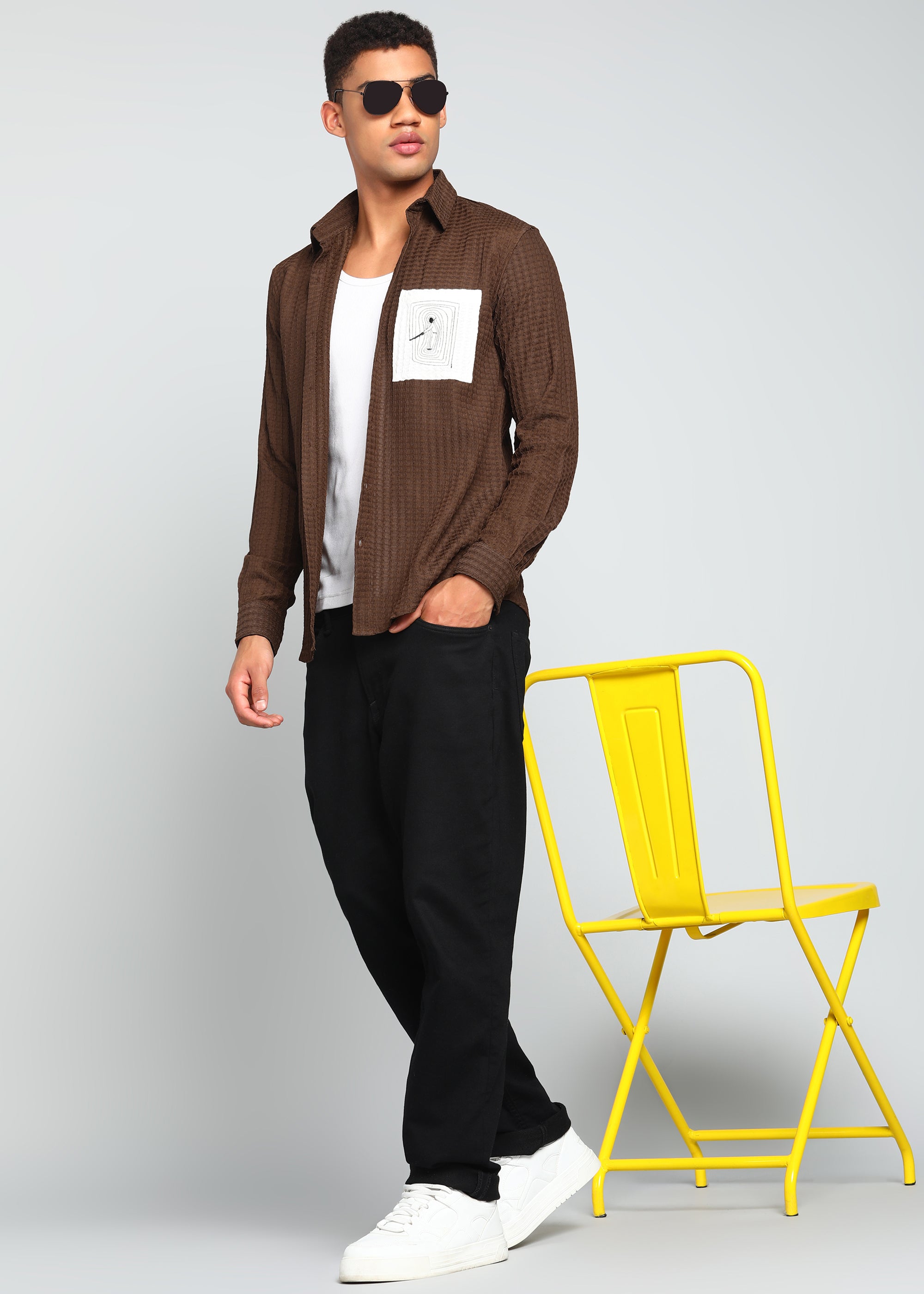 Men’s Brown Textured Polyester Long Sleeve Shirt with Contrast Graphic Patch