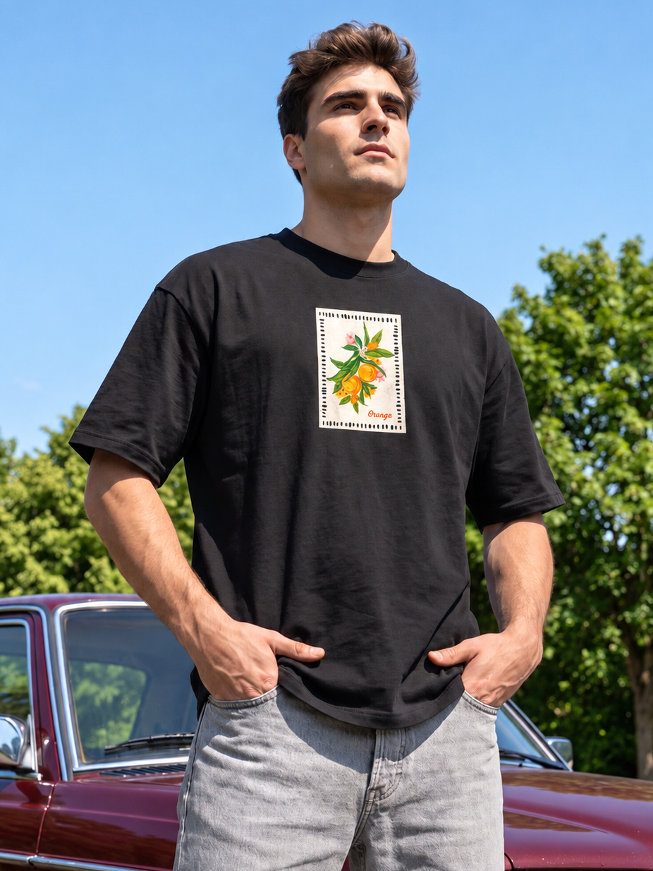 Men’s Orange Graphic Oversized T-Shirt - Black