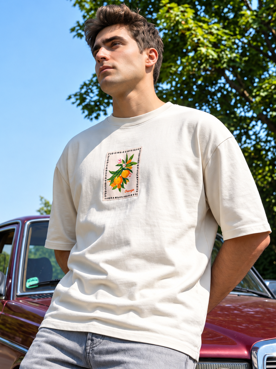 Men’s Orange Graphic Oversized T-Shirt - White