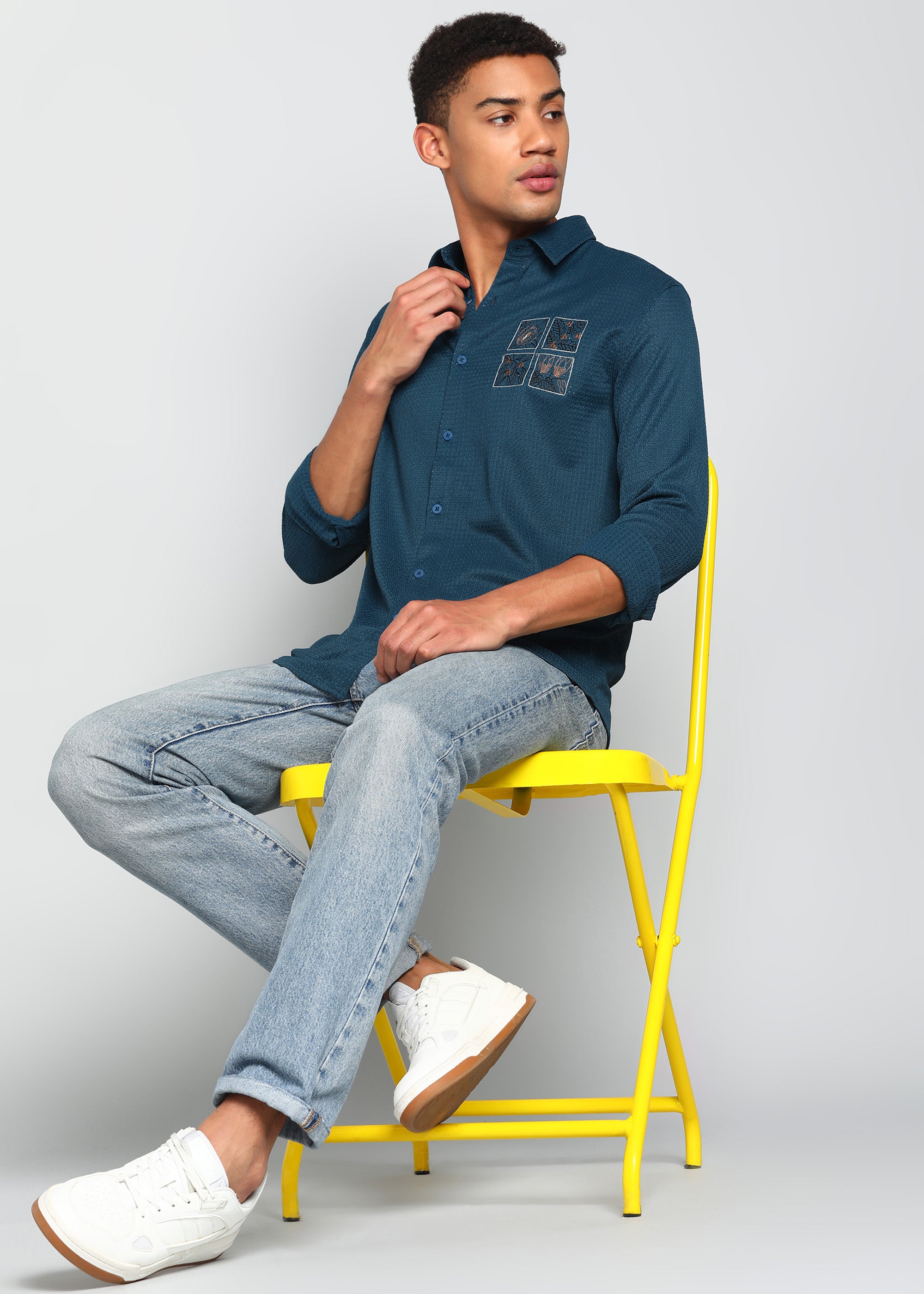 Men’s Teal Blue Textured Regular Fit Shirt with Floral Chest Embroidery