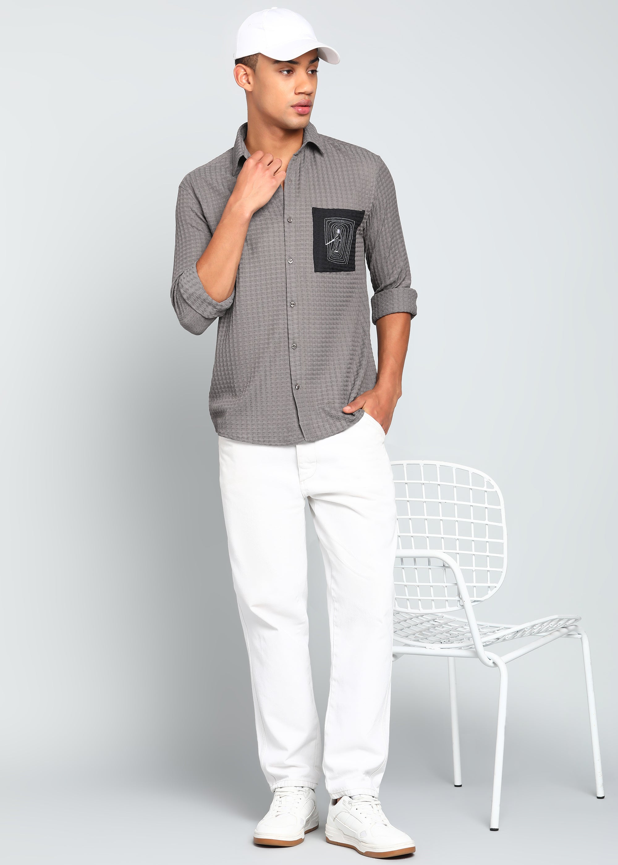 Men’s Grey Textured Polyester Long Sleeve Shirt with Contrast Graphic Patch