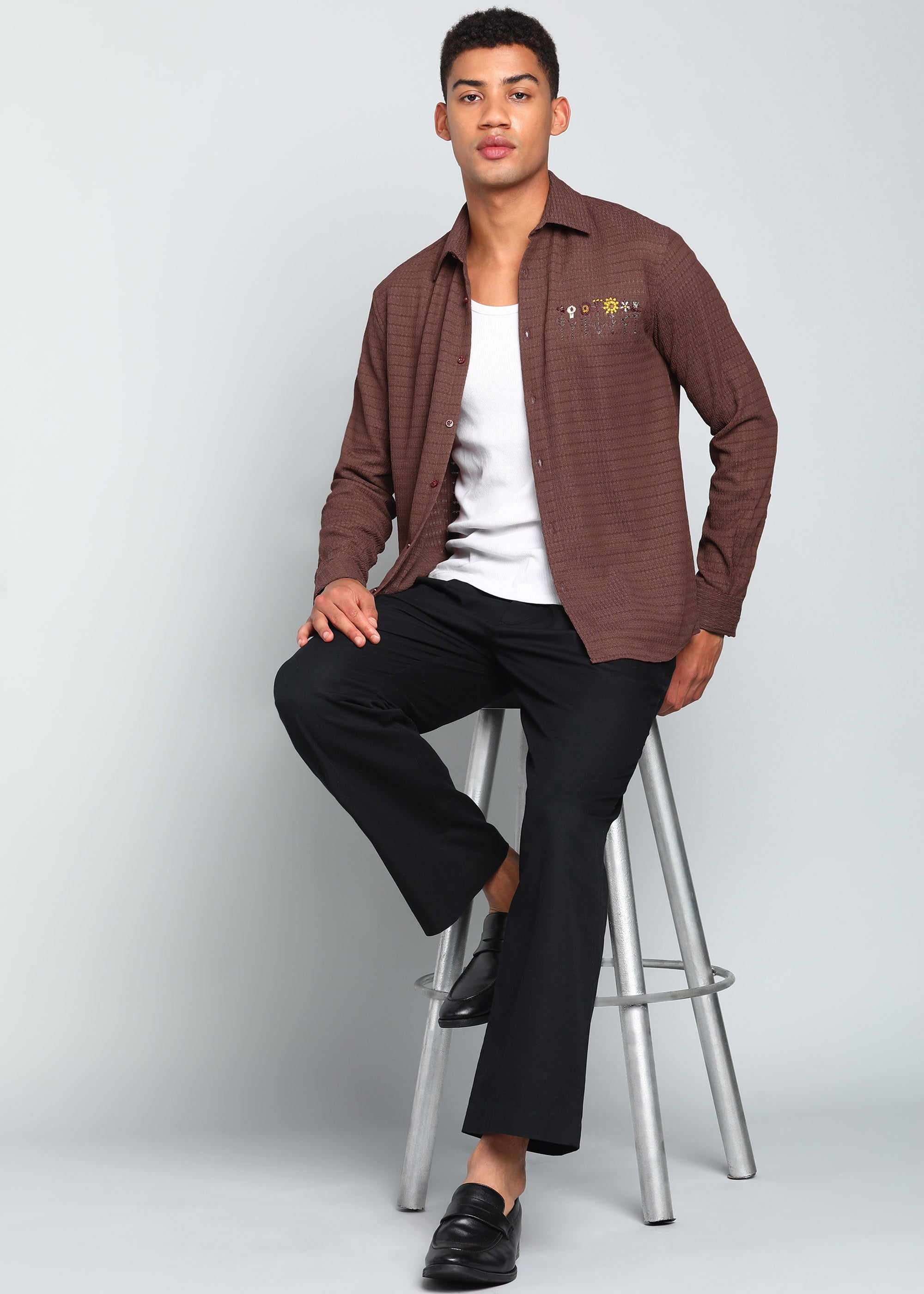 Men’s Brown Textured Polyester Long-Sleeve Shirt with Floral Embroidery