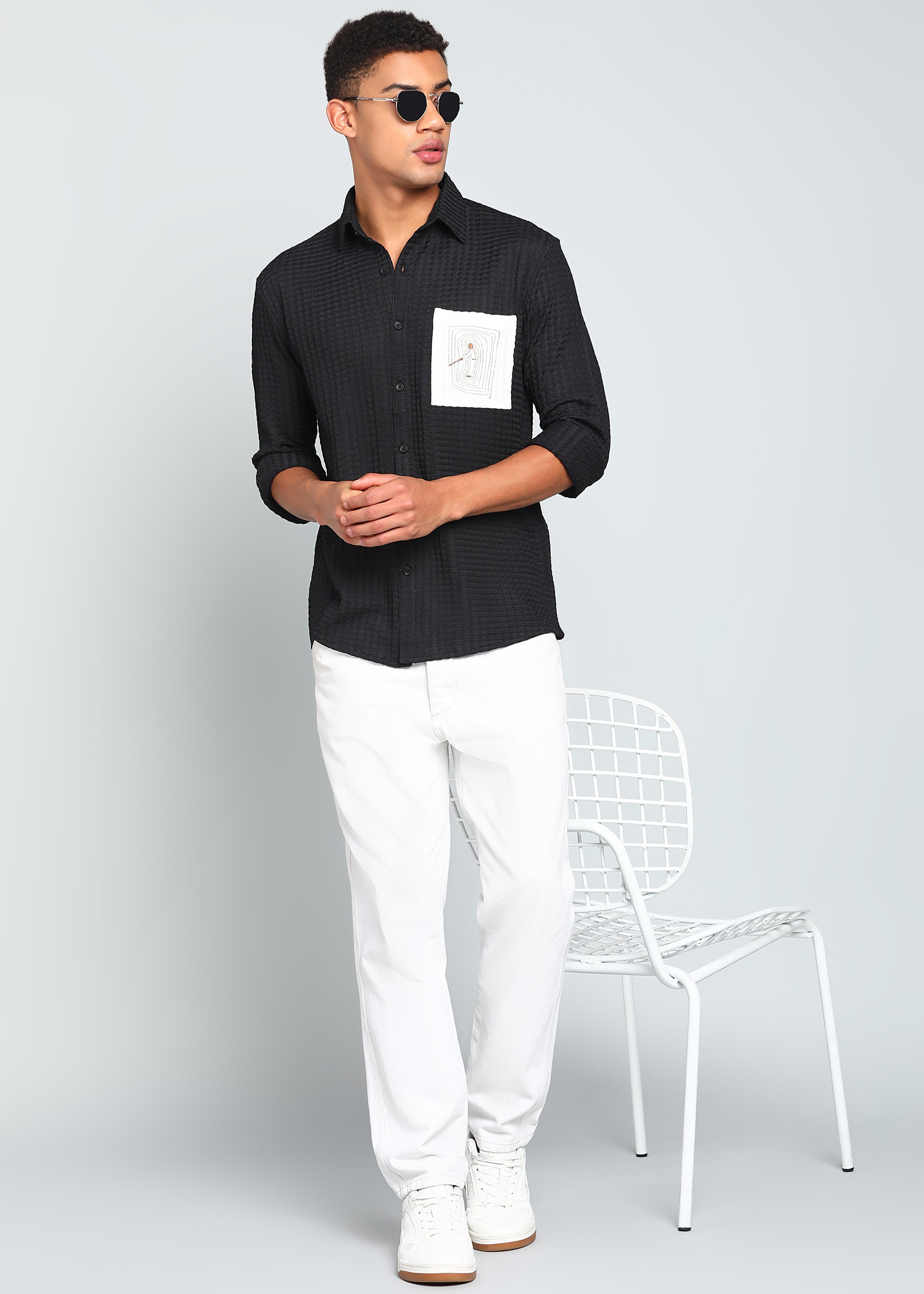 Men’s Black Textured Polyester Long Sleeve Shirt with Contrast Graphic Patch