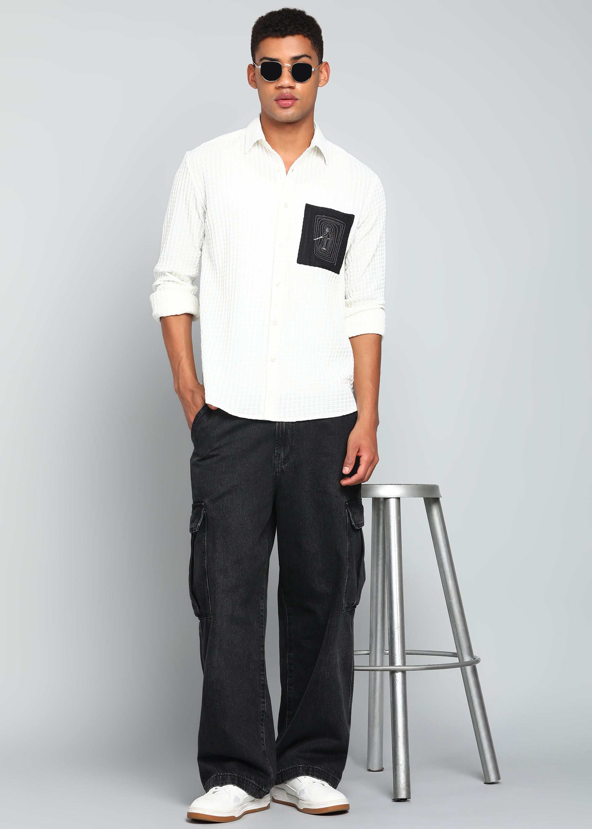 Men’s White Textured Polyester Long Sleeve Shirt with Contrast Graphic Patch