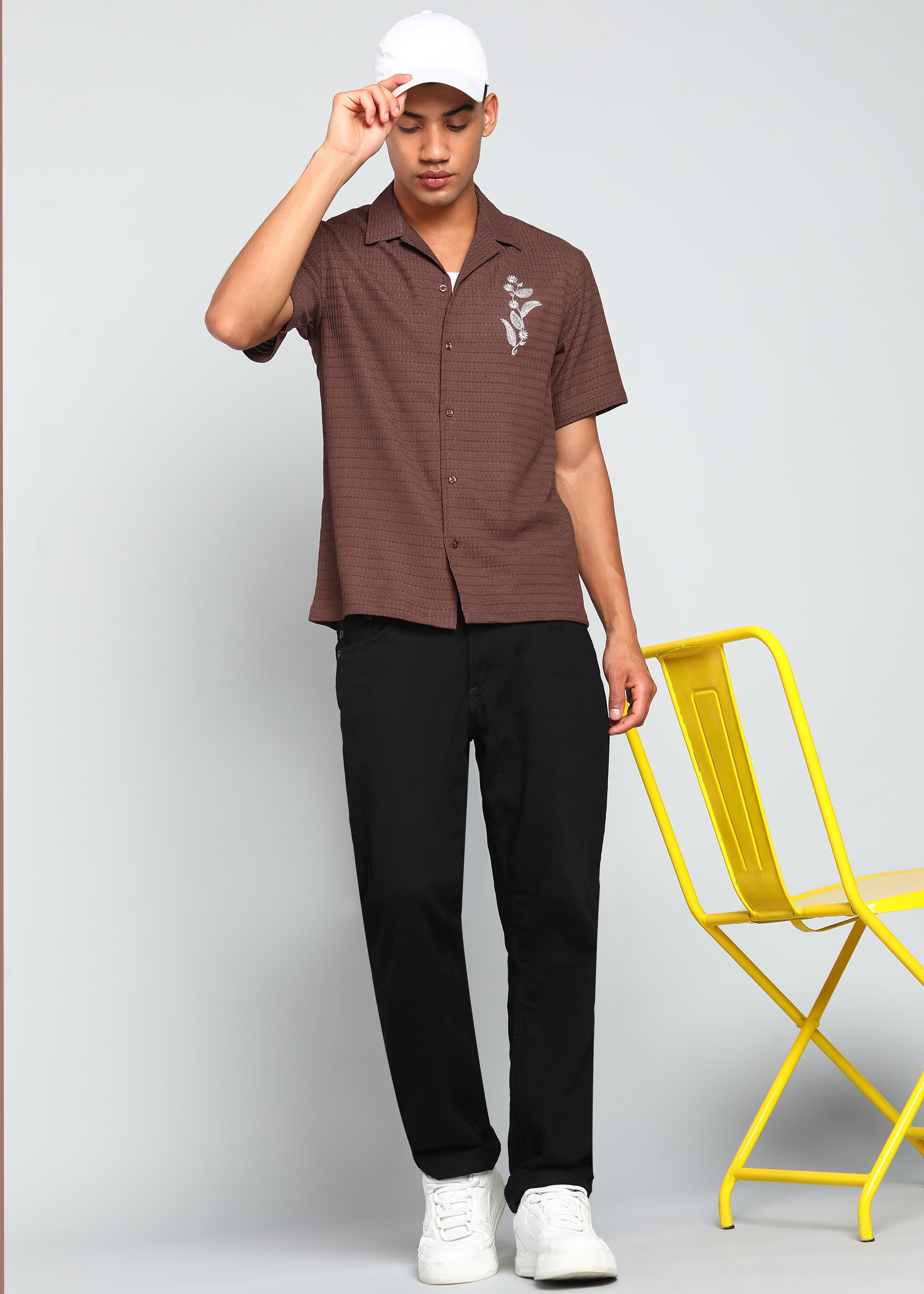 Men’s Maroon Textured Short-Sleeve Cuban Shirt with Floral Embroidery