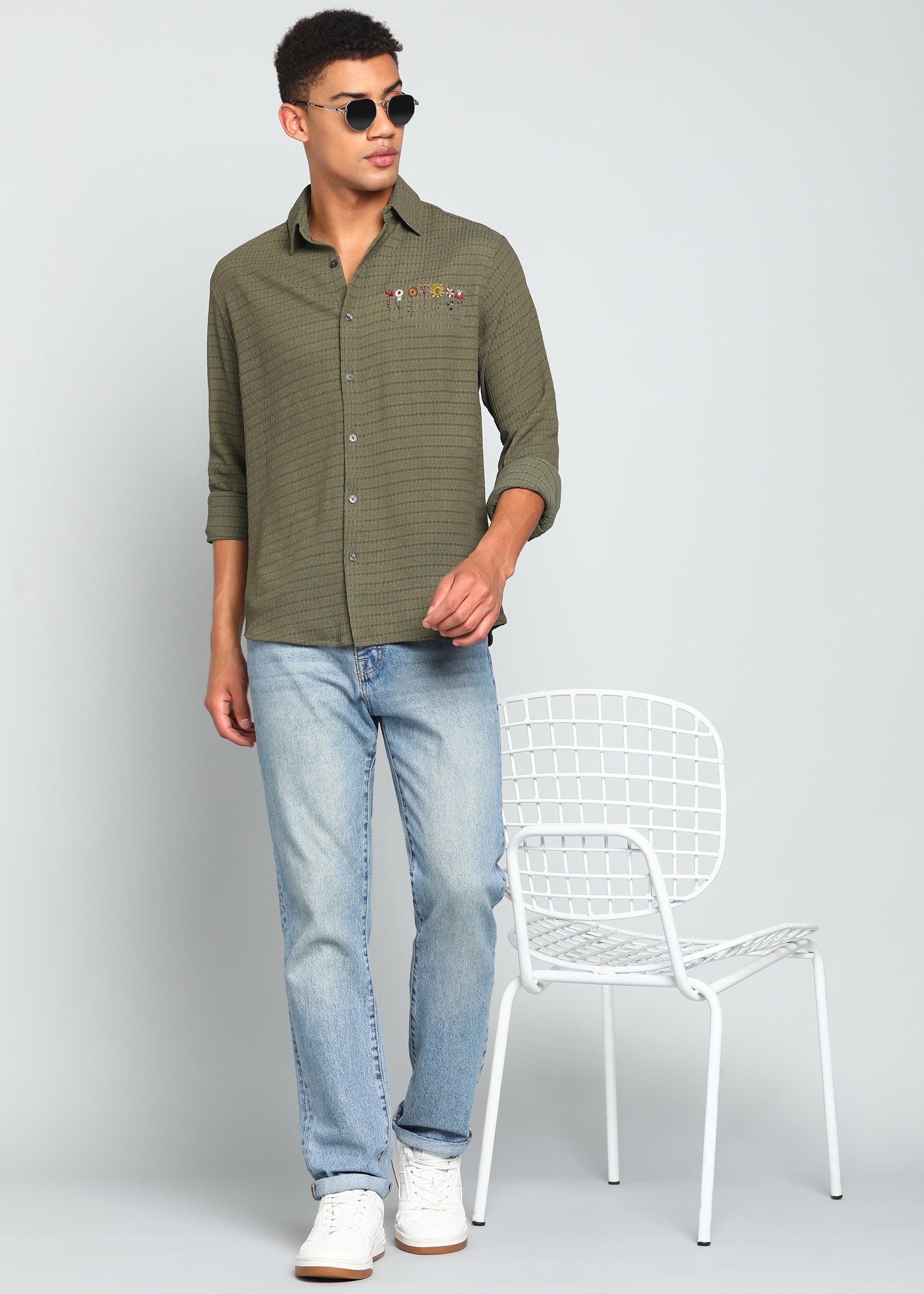 Men’s Olive Green Textured Long-Sleeve Shirt with Embroidered Floral
