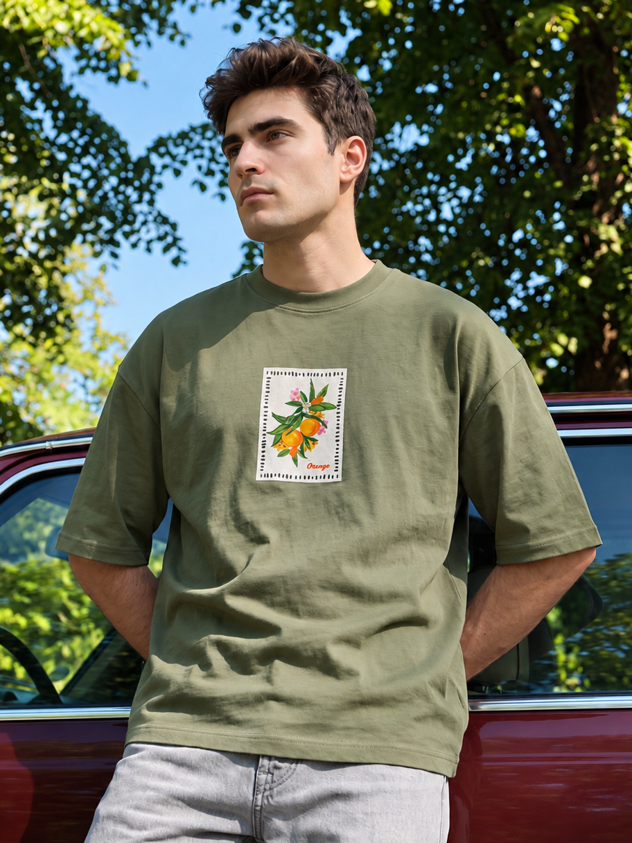 Men’s Orange Graphic Oversized T-Shirt - Olive