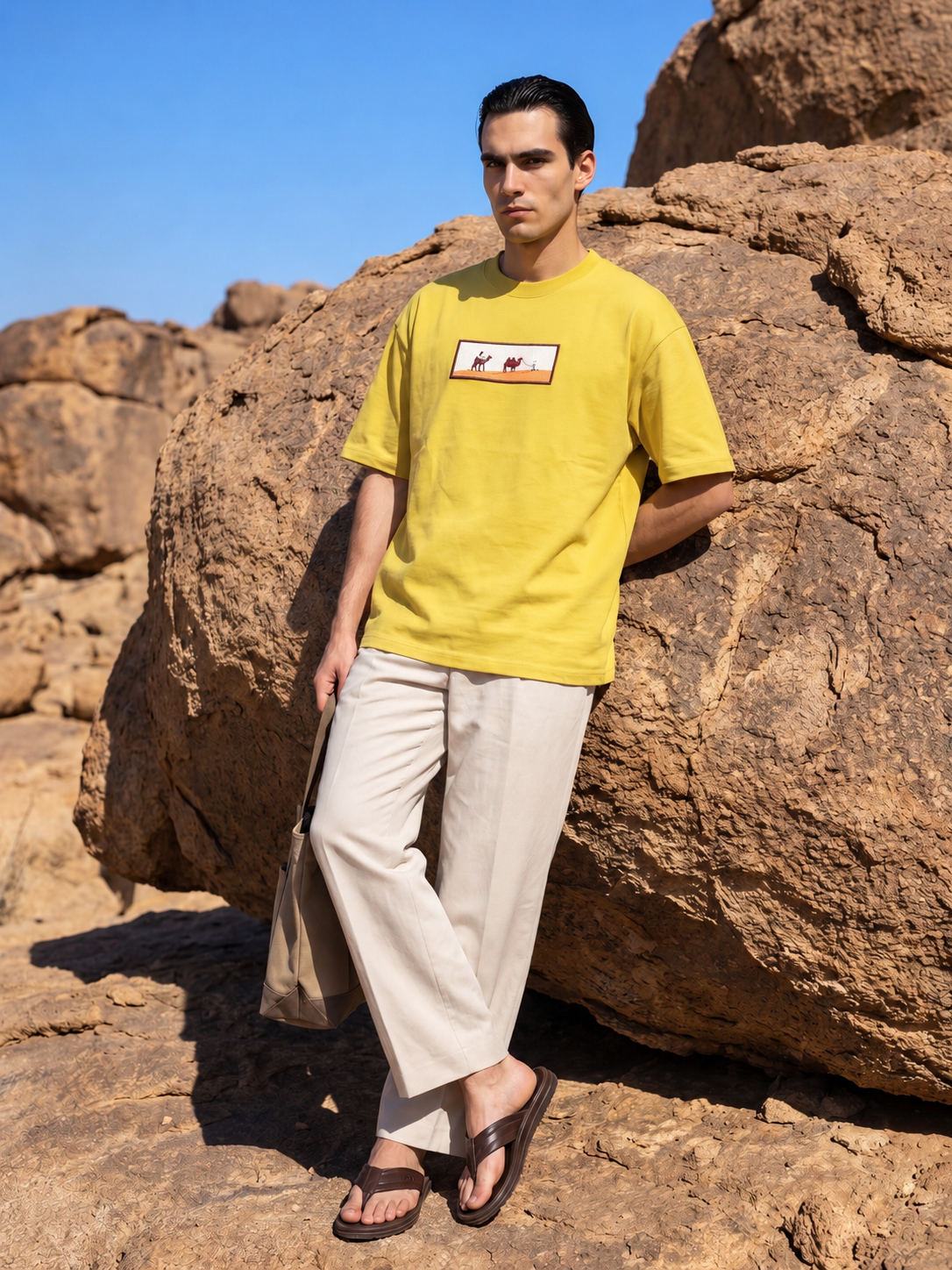 Men's Premium Oversized T-Shirt with Desert Camel Graphic Patch - Yellow