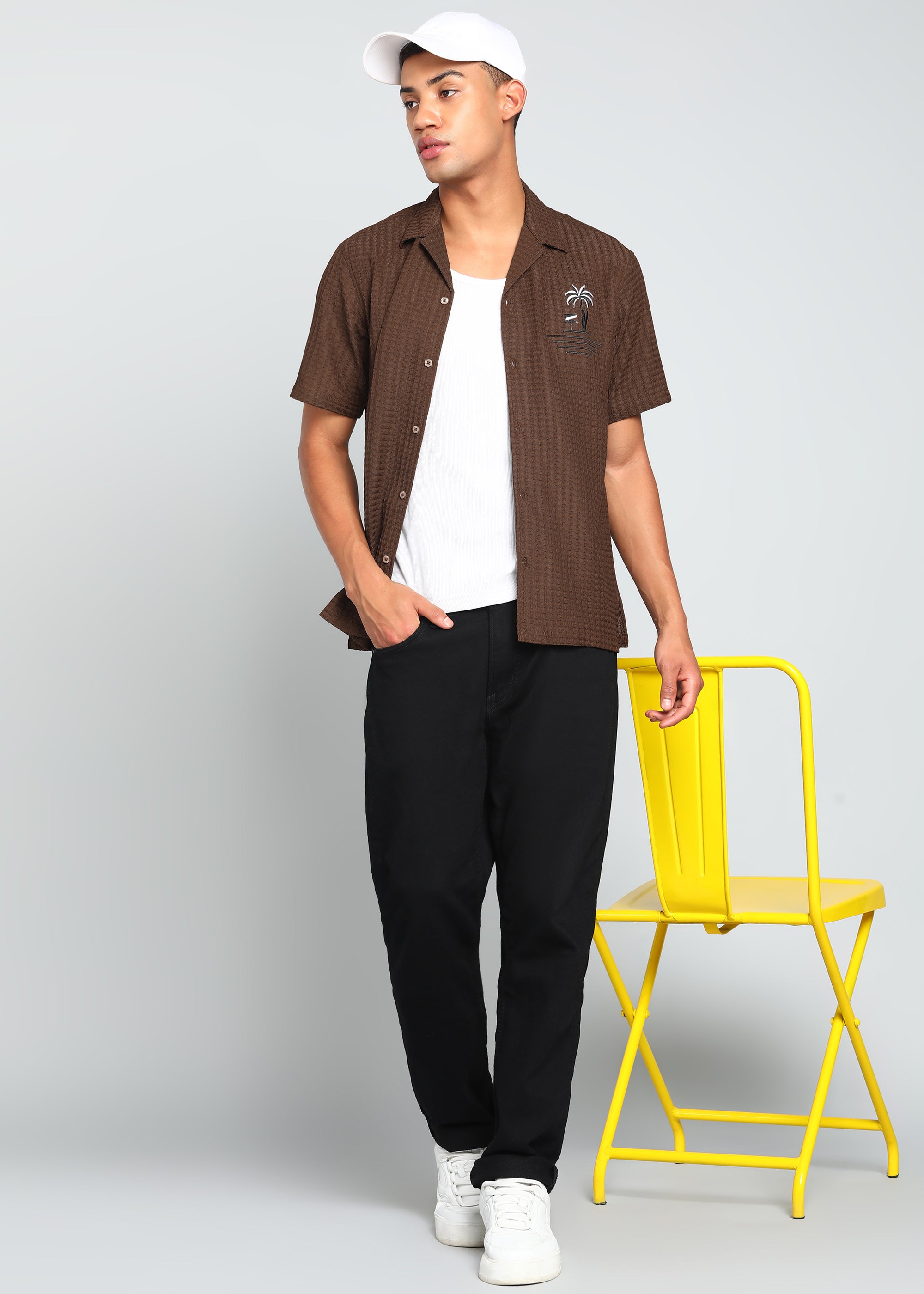 Men’s Brown Textured Seersucker Cuban Collar Shirt with Palm Embroidery