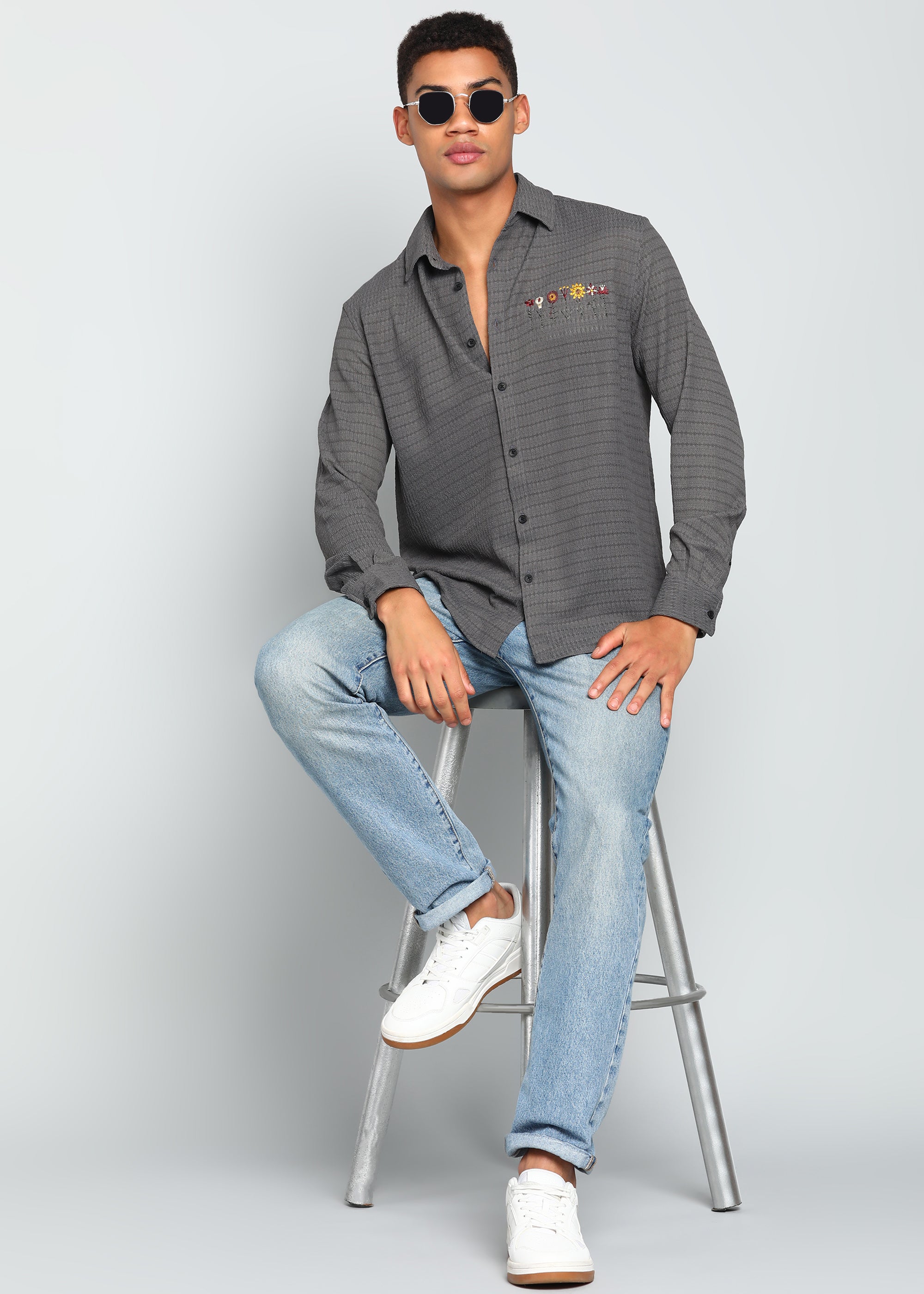 Men’s Grey Textured Polyester Long-Sleeve Shirt with Multi-Color Flower Embroidery