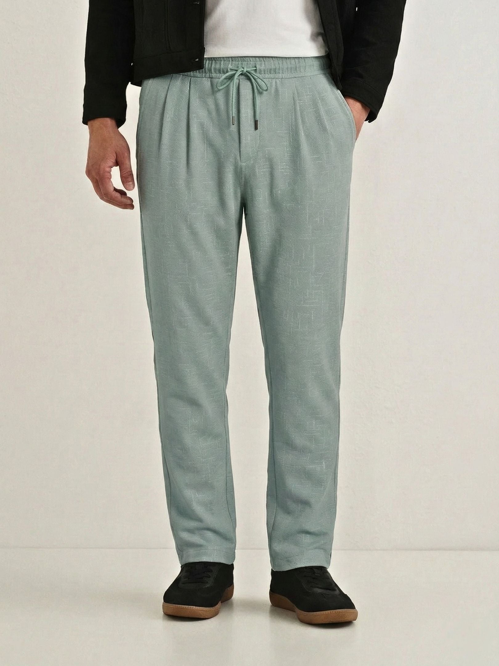 Men's Sage Green Textured Relaxed Fit Trousers with Elasticated Drawstring Waist