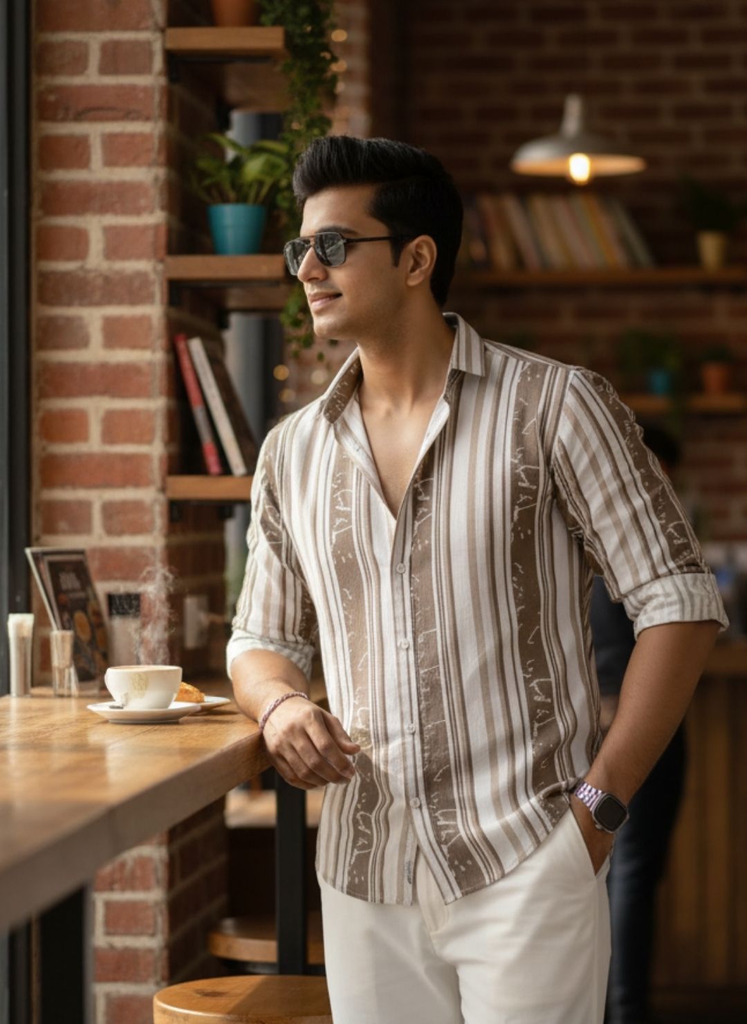 Men's Sand Beige Textured Multi-Color Striped